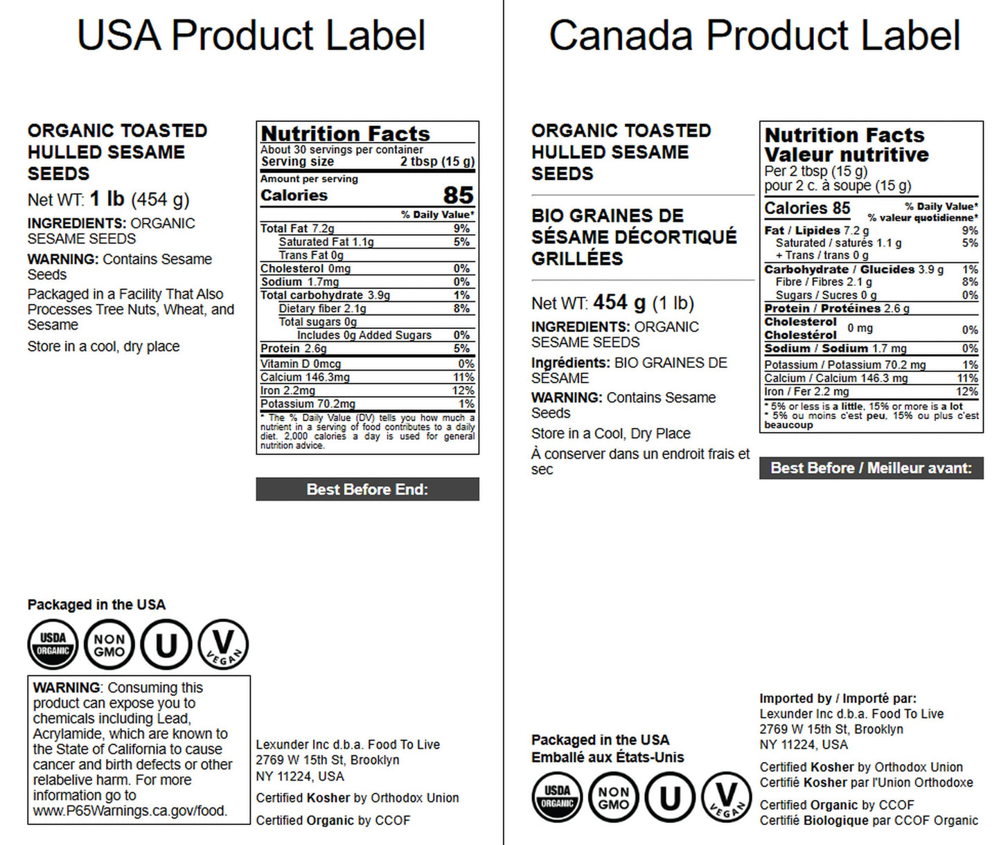 Food to Live Organic Toasted Hulled Sesame Seeds, 1 Pound - Crunchy and Nutritious Snack, Oven Roasted, Unsalted, No Oil Added,