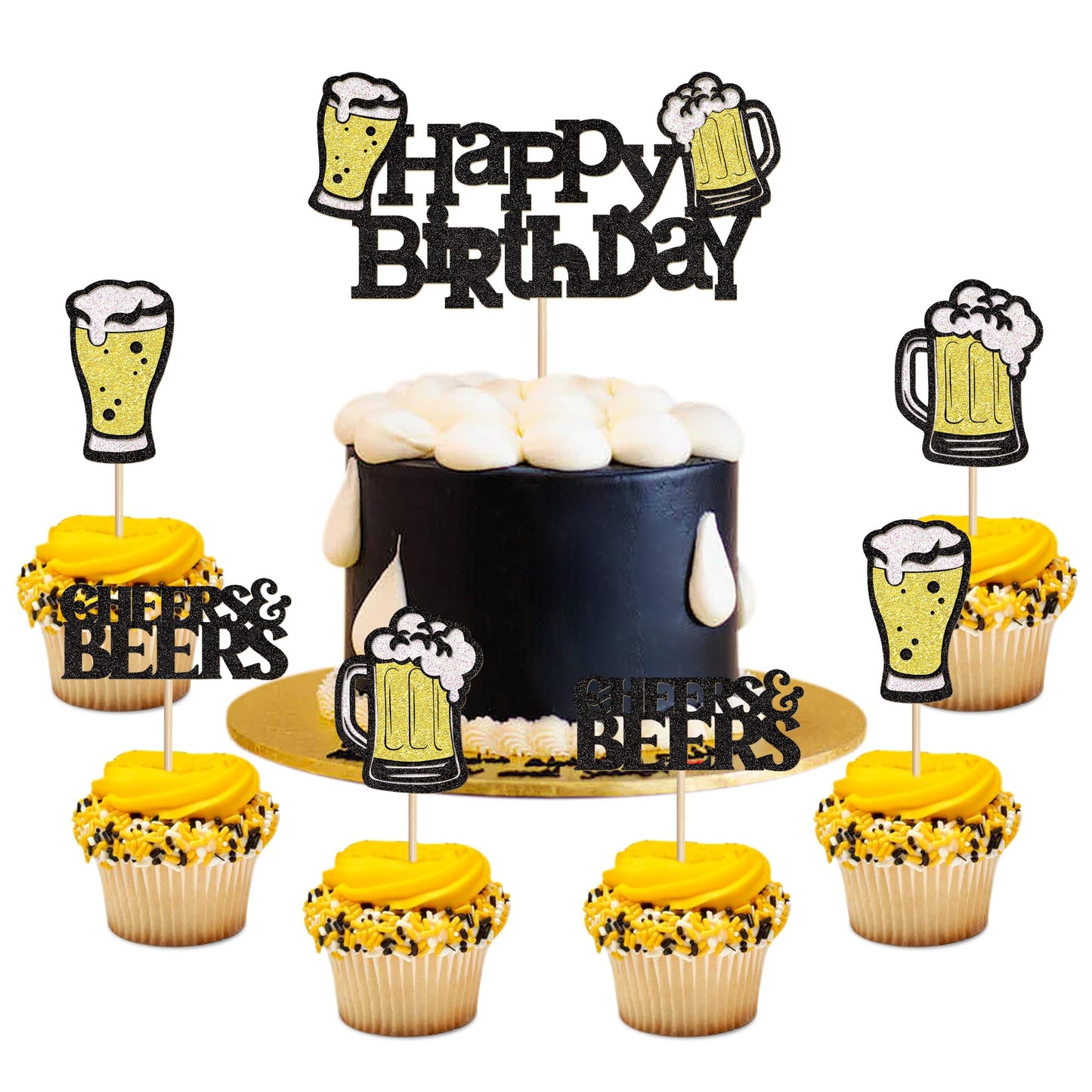 Ercadio Beer Party Cupcake Toppers, 25 PCS, Happy Birthday Decor, Black-25