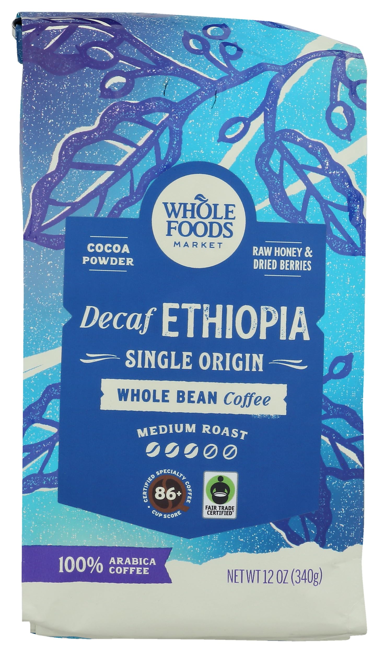 Whole Foods Market, Decaf Ethiopia Single Origin Whole Bean Coffee, Medium Roast, Cocoa Powder, Raw Honey & Dried Berries, 12 Ou