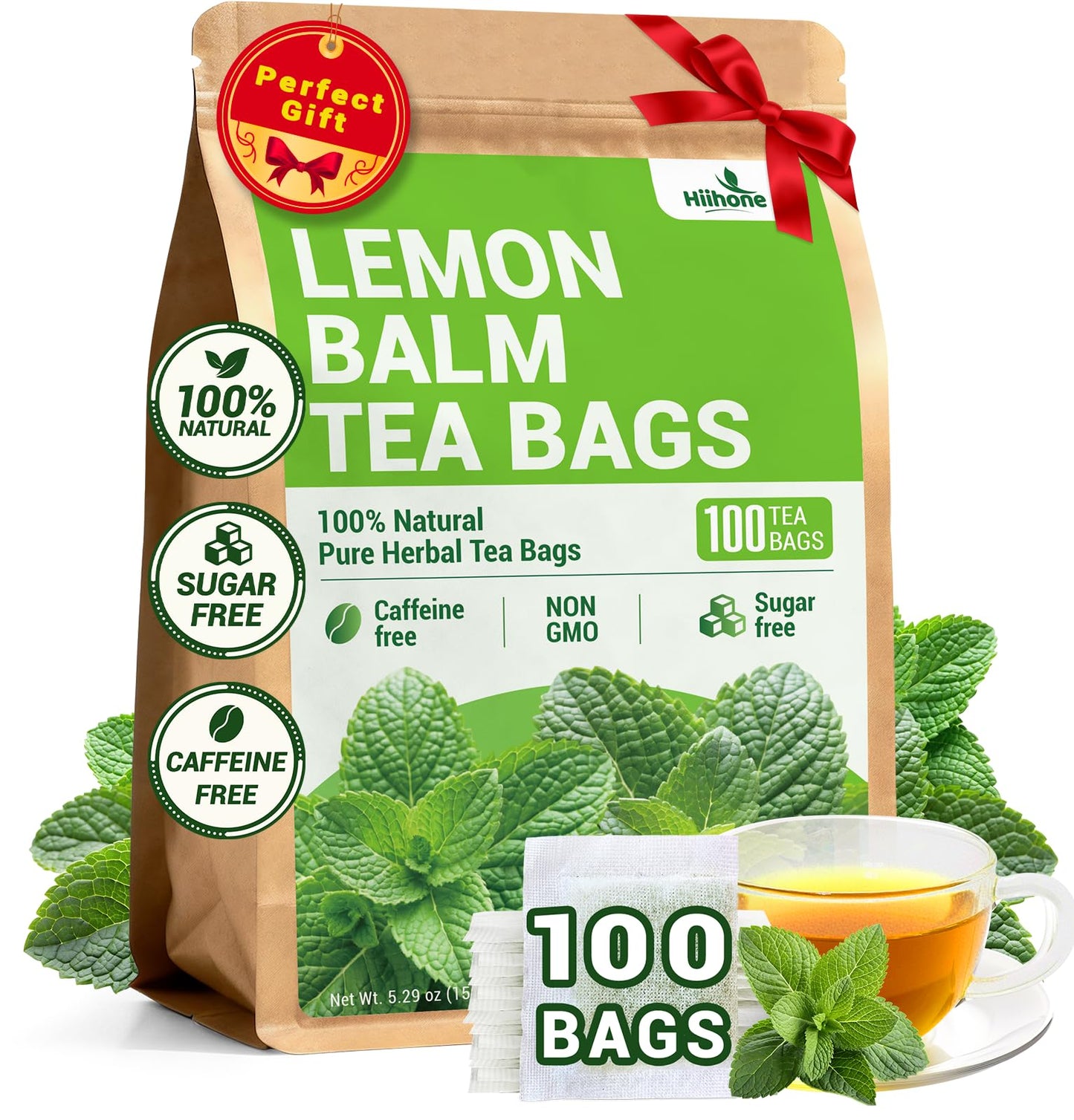 Hiihone Lemon Balm Tea Bags  Pure & Natural Melissa Officinalis Herbal Tea  Top-Grade Dried Lemon Balm Leaf With Naturally Lemony & Citrusy Flavor  Energy Blend-Free  Non-Gmo  100 Count