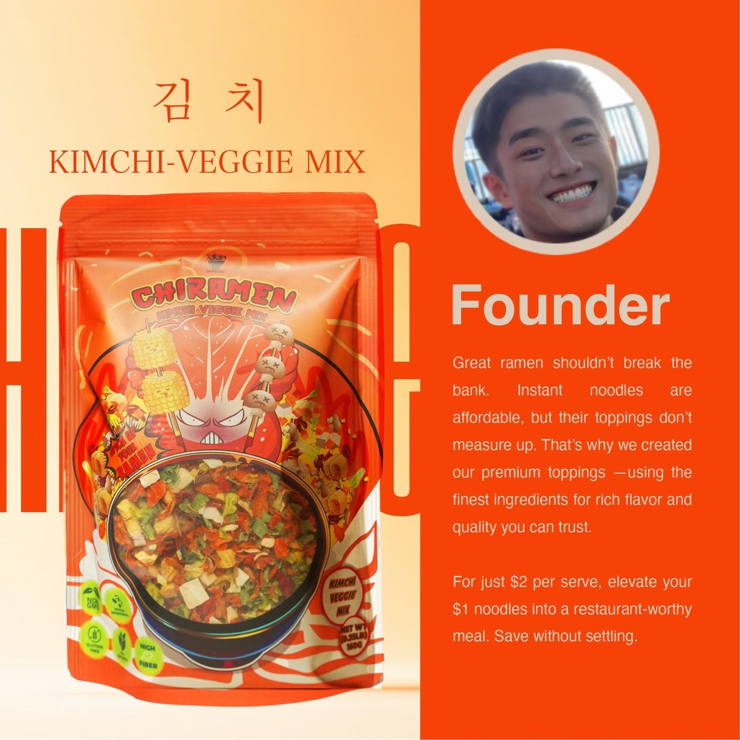 Chiramen Kimchi Veggie Mix Dried Ramen Toppings, Kimchi, Mushrooms, Sweet Pepper, Tofu, Cabbage, Chives, Corn, Perfect For Cup N