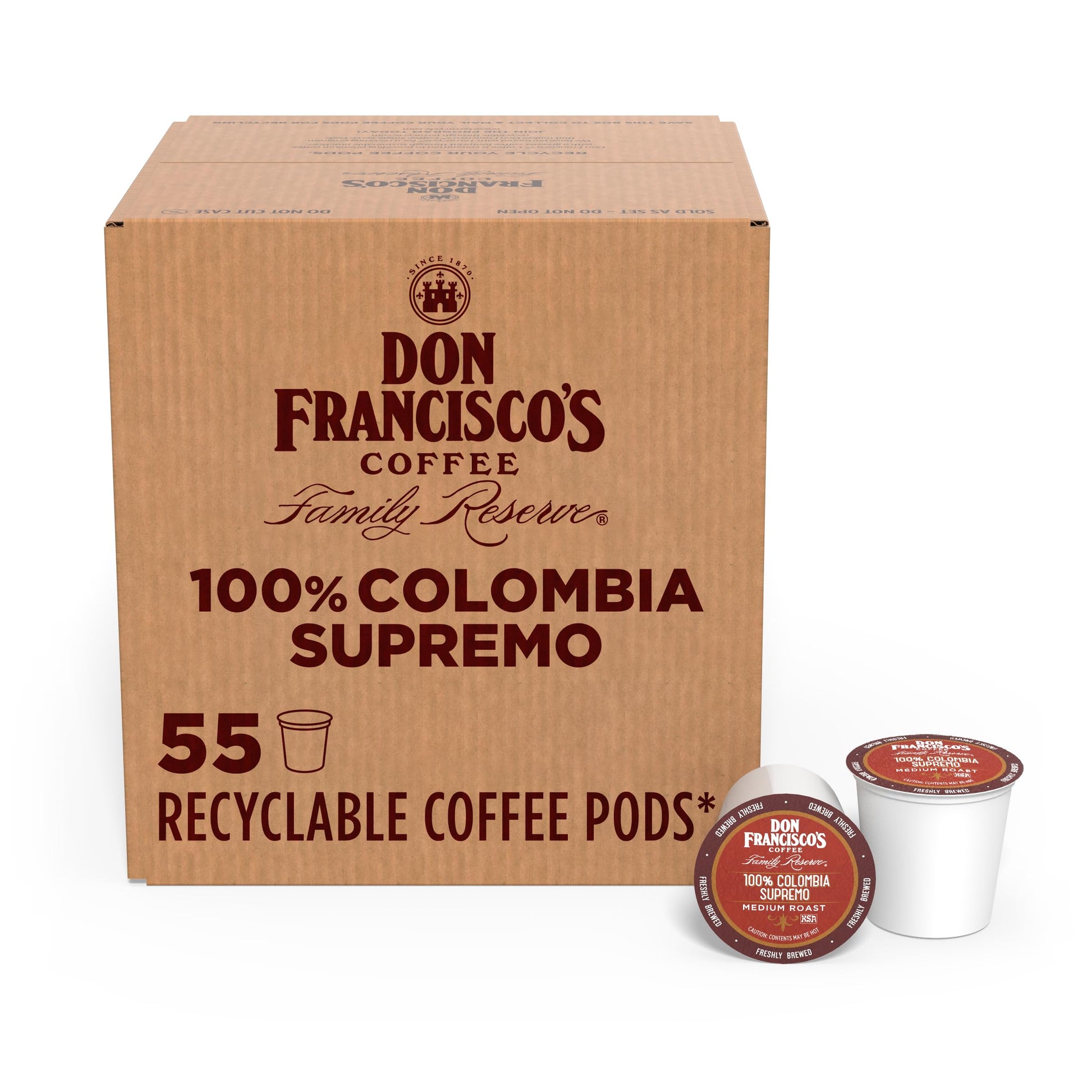 Don Franciscos Colombia Supremo Medium Roast Coffee Pods - 55 Count - Recyclable Single-Serve for K-Cup Keurig Coffee Makers