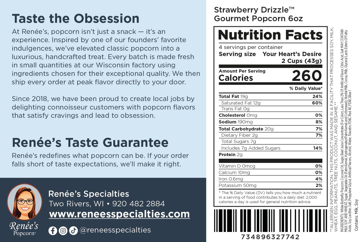 Renées Popcorn Strawberry Chocolate Drizzle Gourmet Popcorn, 6oz Resealable Bag, Sweet & Salty Snack