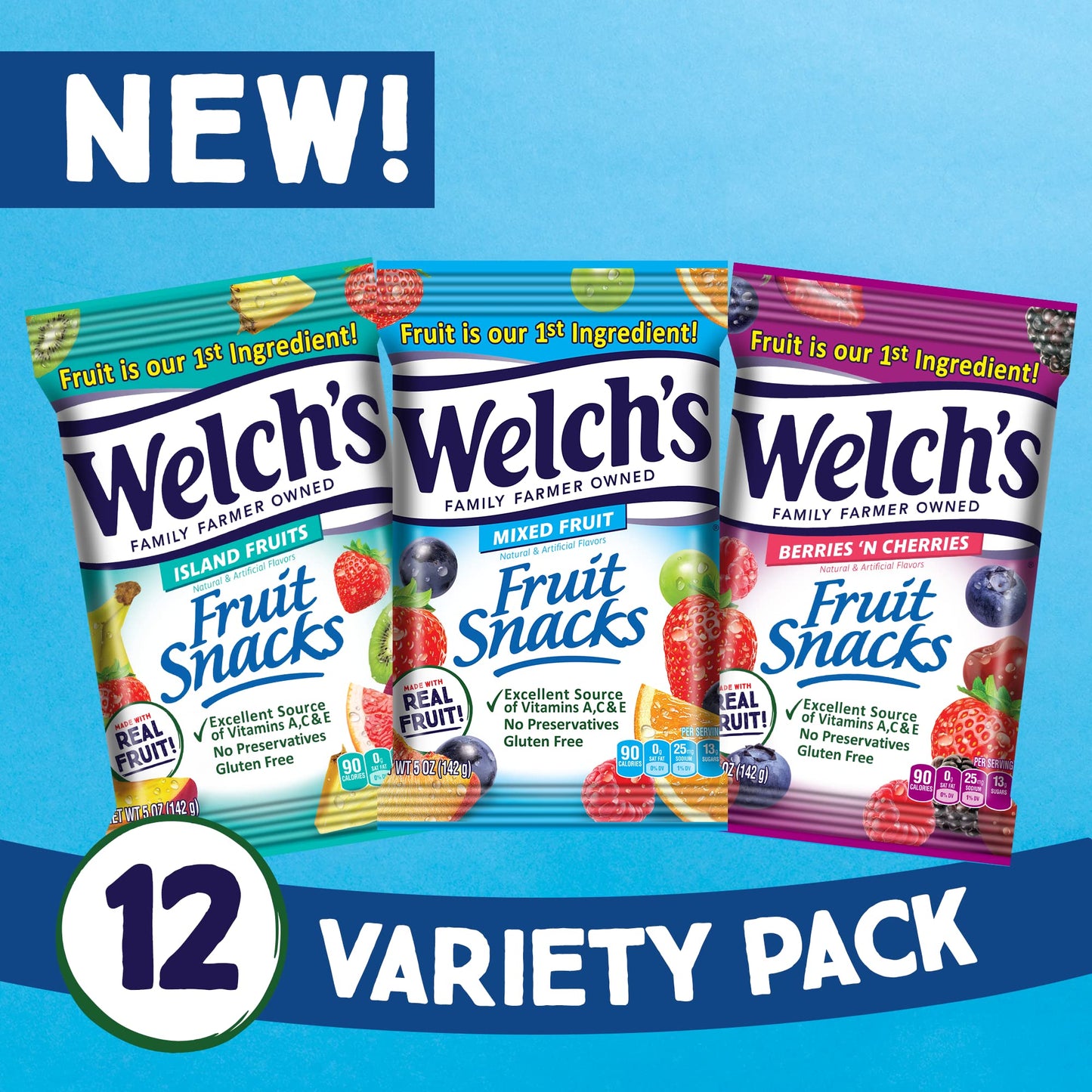 Welch'S Fruit Snacks, Variety Pack With Mixed Fruit, Berries 'N Cherries & Island Fruits, Gluten Free, Bulk Pack, 5Oz (Pack Of 1