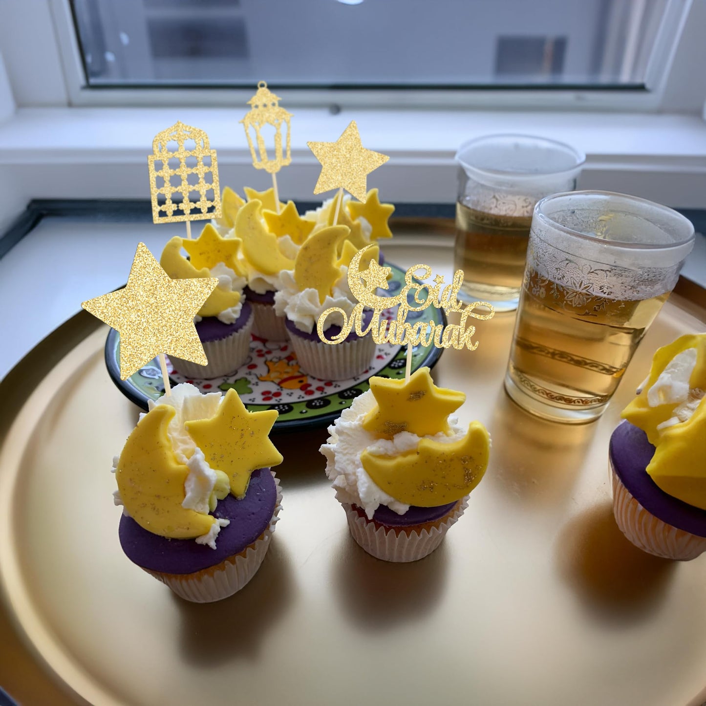 Gyufise 24Pcs Happy Eid Mubarak Cupcake Toppers Glitter Star Ramadan Kareem Cupcake Pick Moon Star Eid Islamic Muslim Theme Party Cake Decoration Supplies Gold
