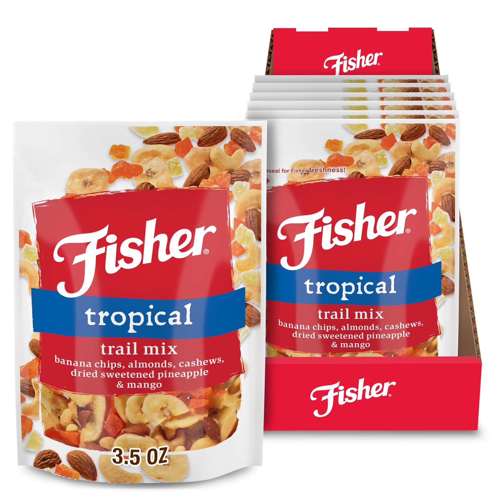 Fisher Snack Tropical Trail Mix, 3.5 Ounces (Pack Of 6), Banana Chips, Almonds, Cashews, Dried Sweetened Pineapple And Mango, Re