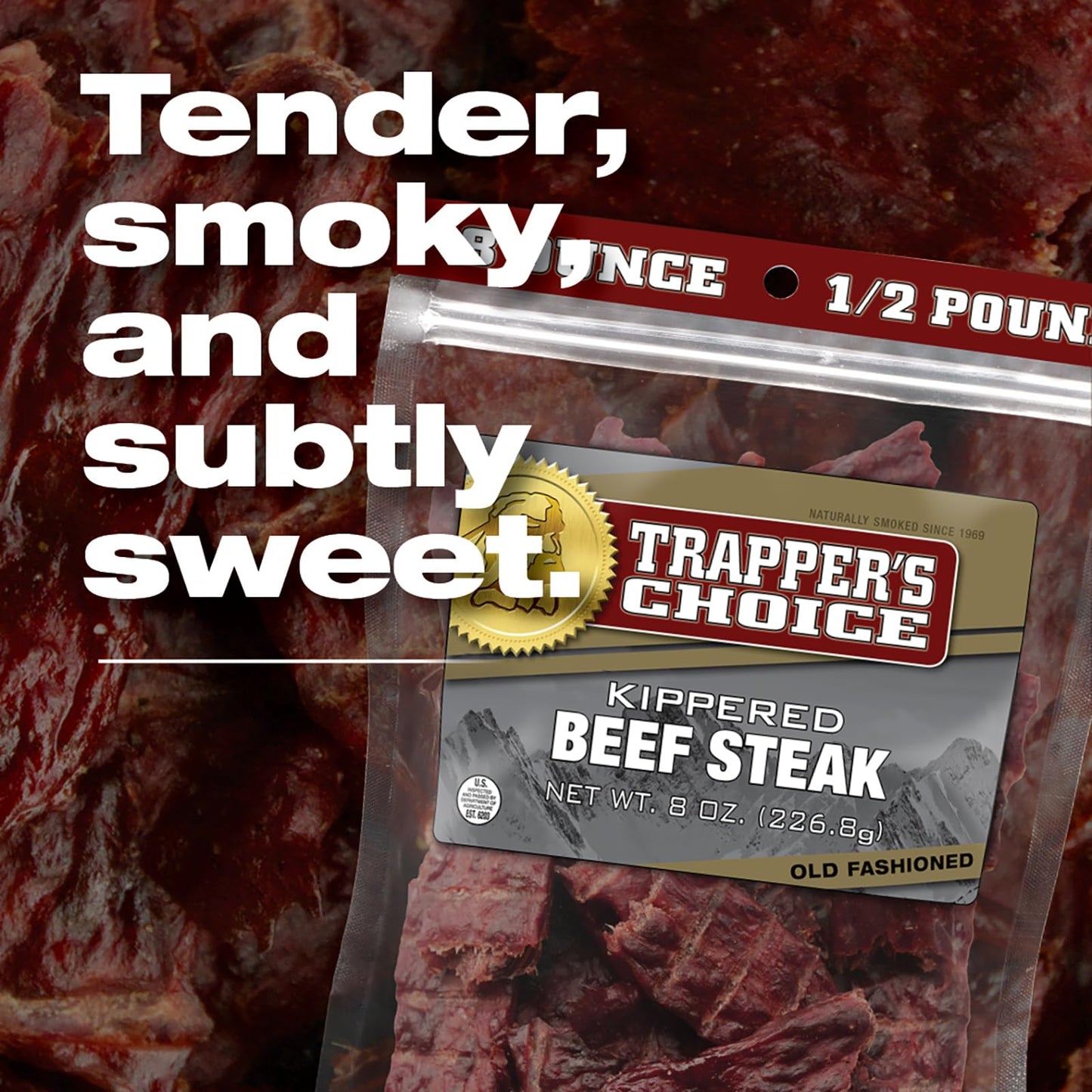 Old Trapper, Trappers Choice Kippered Steak, Old-Fashioned Flavor, Eight-Ounce Individual Package, Savory Steak Pieces, 10 Grams