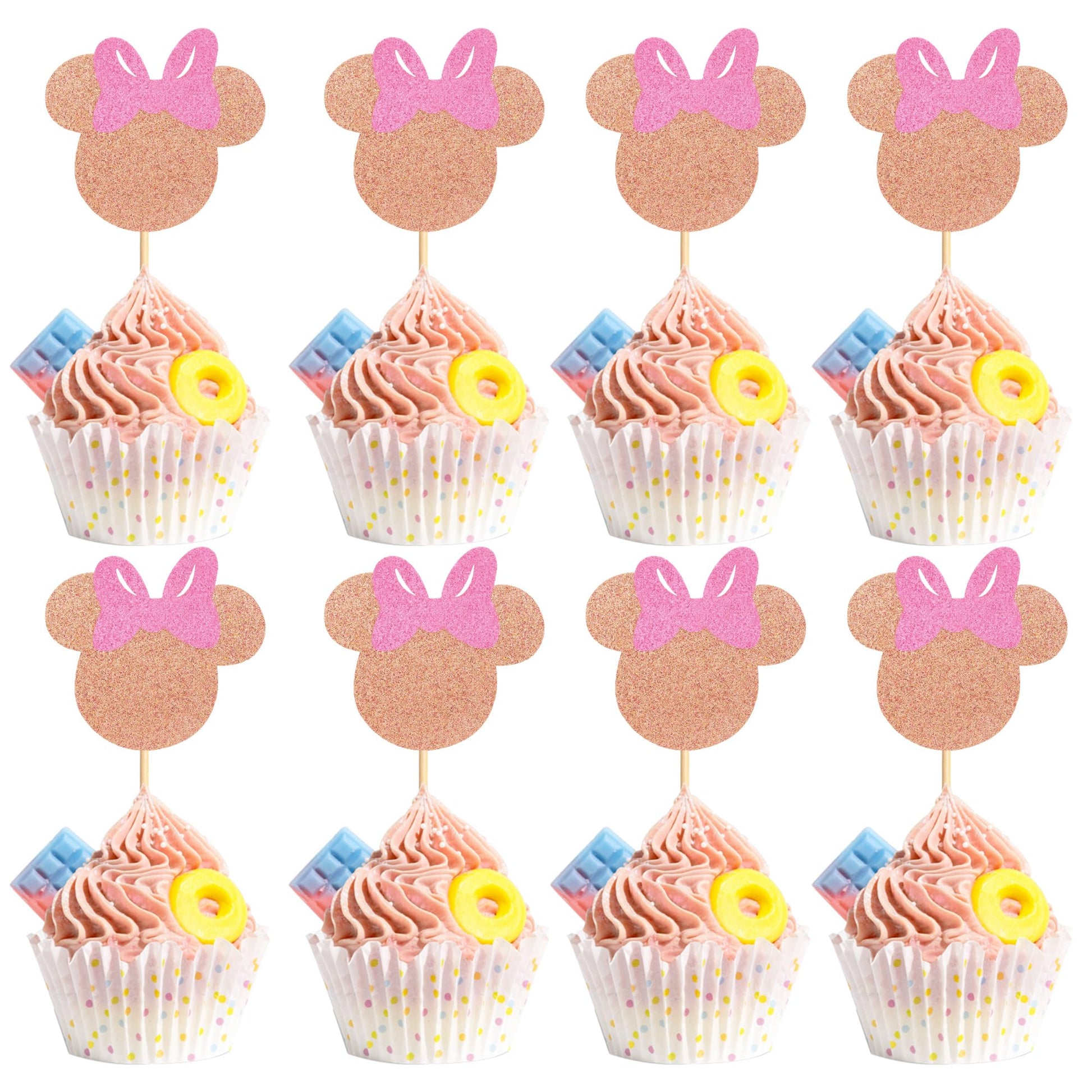 Arthsdite 24Pcs Mouse Inspired Cupcake Toppers with Pink Bow Rose Gold Glitter Mouse Cake Decorations for Baby Shower Wedding Ki