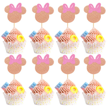 Arthsdite 24Pcs Mouse Inspired Cupcake Toppers with Pink Bow Rose Gold Glitter Mouse Cake Decorations for Baby Shower Wedding Ki