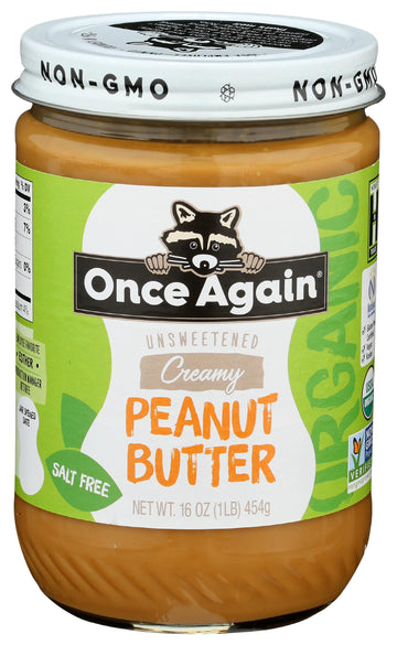 Once Again Organic Creamy Peanut Butter, 16Oz - Salt Free, Unsweetened - Usda Organic, Gluten Free Certified, Vegan, Kosher - Glass Jar
