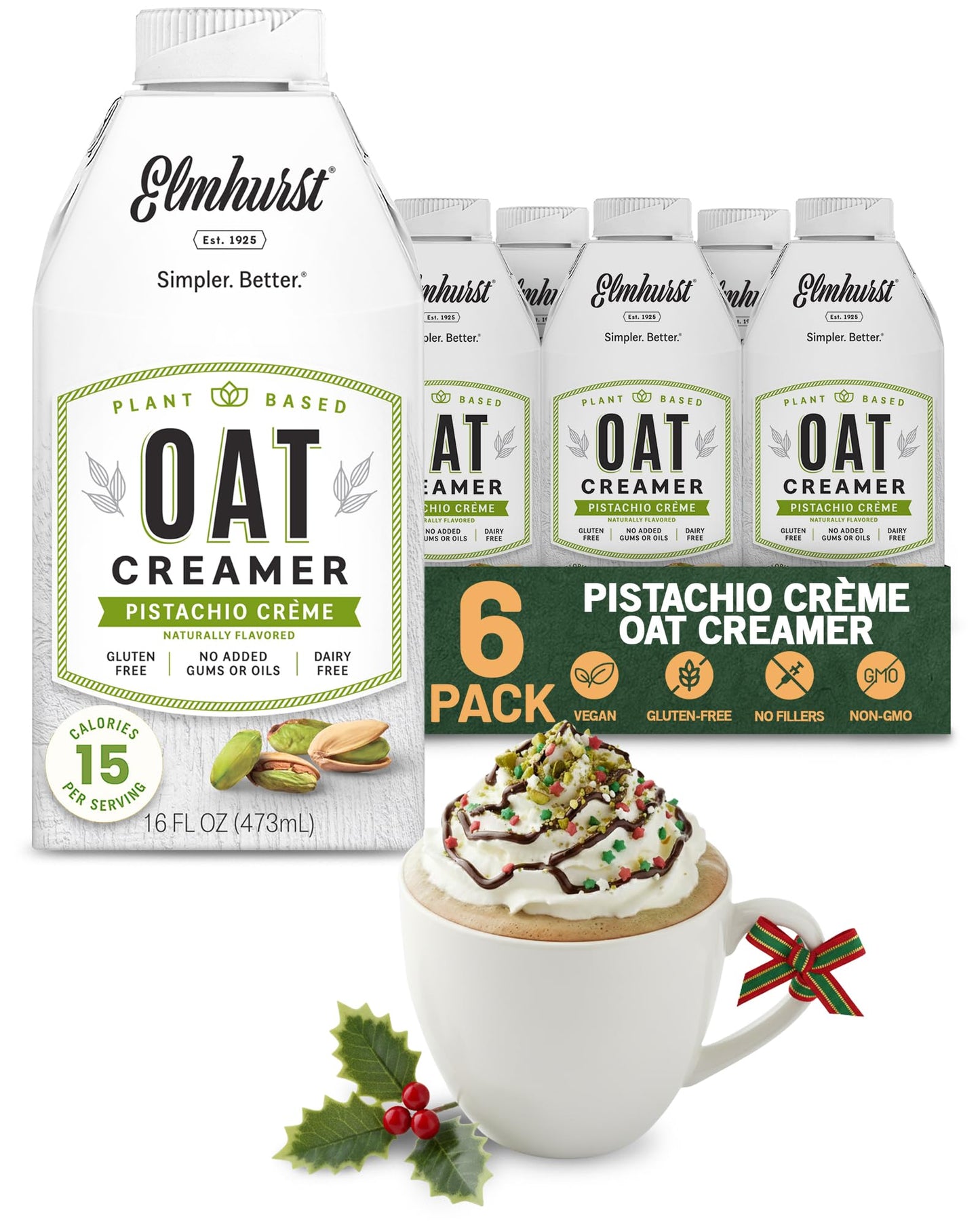 Elmhurst 1925 Pistachio Crme Oat Creamer - 16 Ounce (Pack of 6) Dairy-Free, Vegan, Kosher, Low Sugar, Shelf Stable Creamer Made 
