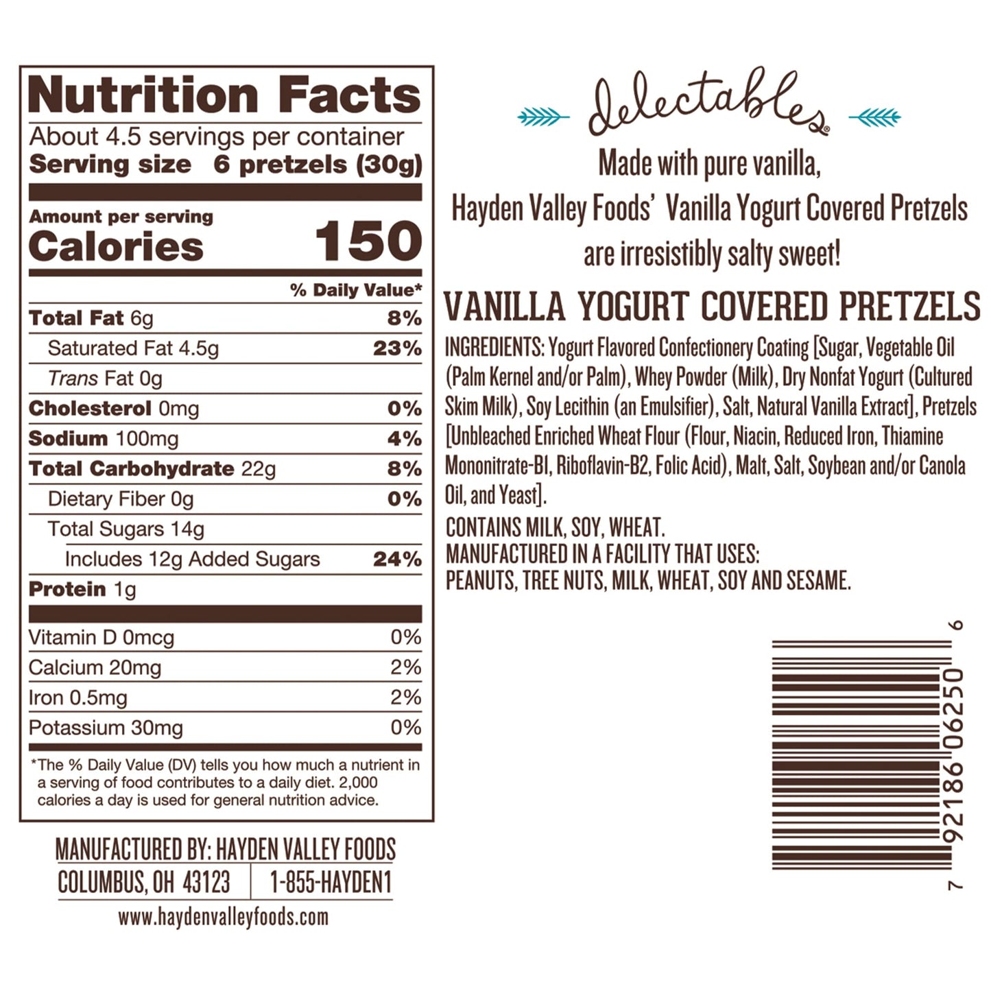 Hayden Valley Foods Vanilla Yogurt Covered Pretzels - Gourmet Snack - 5oz Resealable Bag