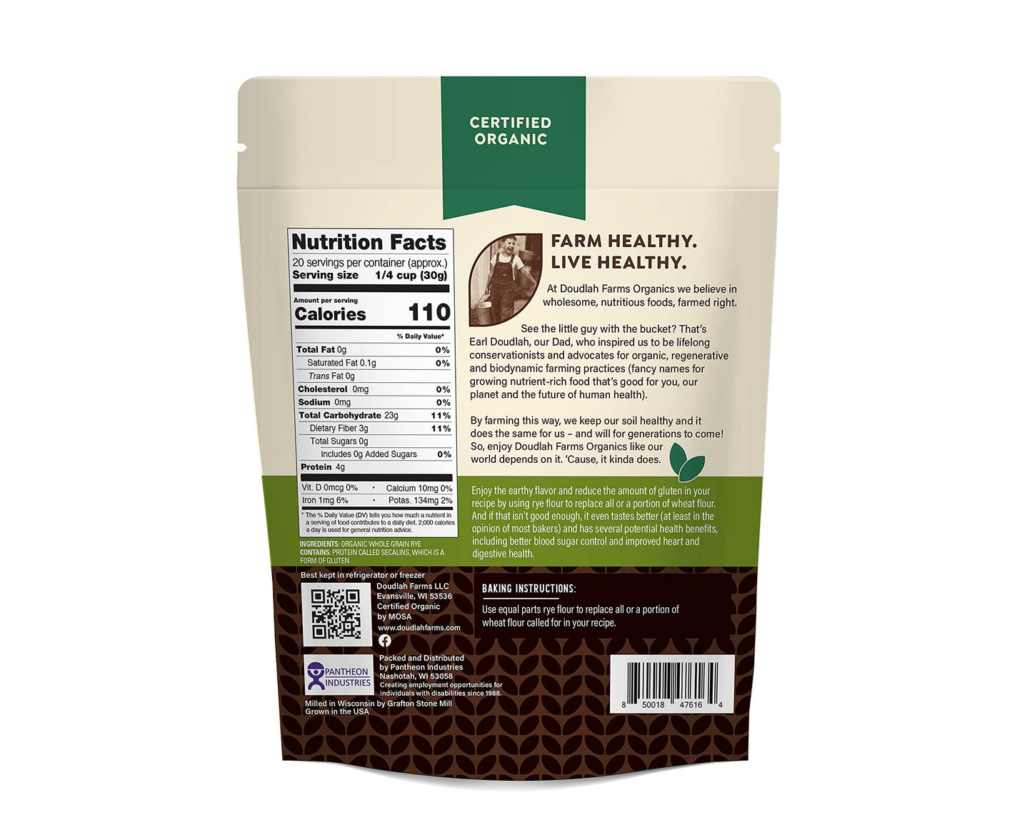 Organic Rye Flour By Doudlah Farms (1.5Lb Pack) - Usa Grown, Non-Gmo, Low Gluten, Vegan, For Baking, Cooking, Supports Heart Hea