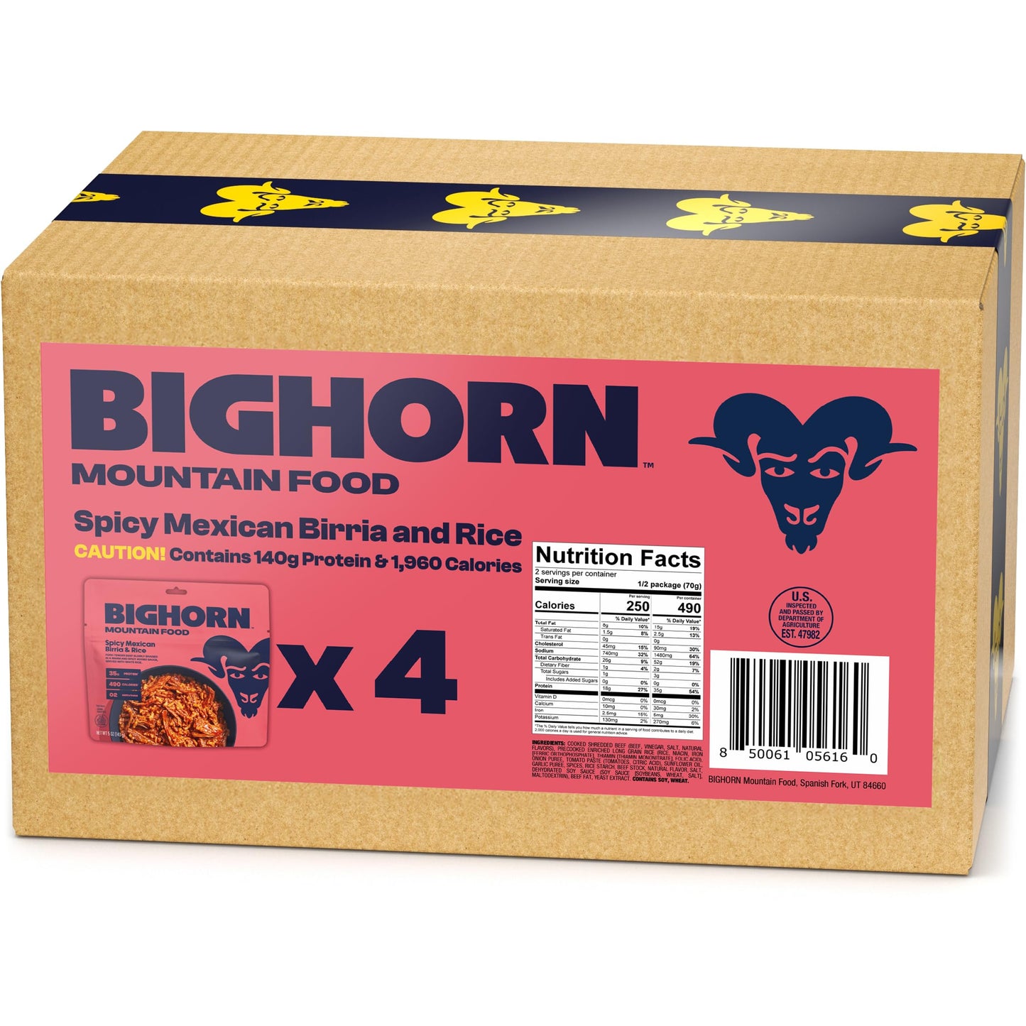 Bighorn Mountain Food Spicy Mexican Birria And Rice - Contains 4 Packs | 8 Servings | 140G Protein | 1,960 Calories - Enhanced Freeze Dried Meals For Backpacking Food - Dehydrated Camping Food For Backpacking Meal - Just Add Water - Great Taste