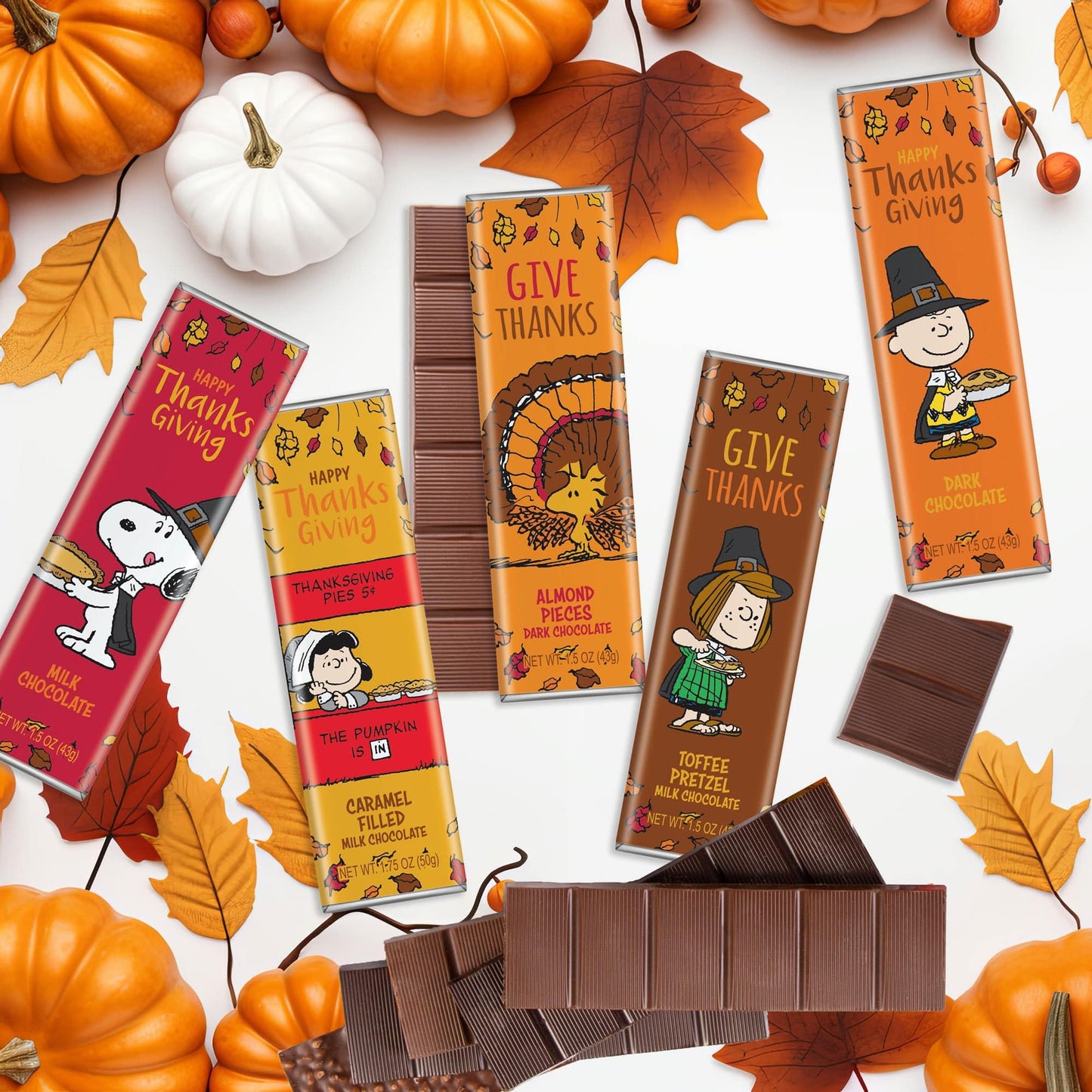 Peanuts Thanksgiving Candy Individually Wrapped Chocolate Variety Gift Box  Snoopy Gourmet Bar Snack Set  Gifts for mature-themeds and Kids  Rich Belgian Chocolate Give Thanks Consumable Gift  Kosher 1.75oz 5-Bars.