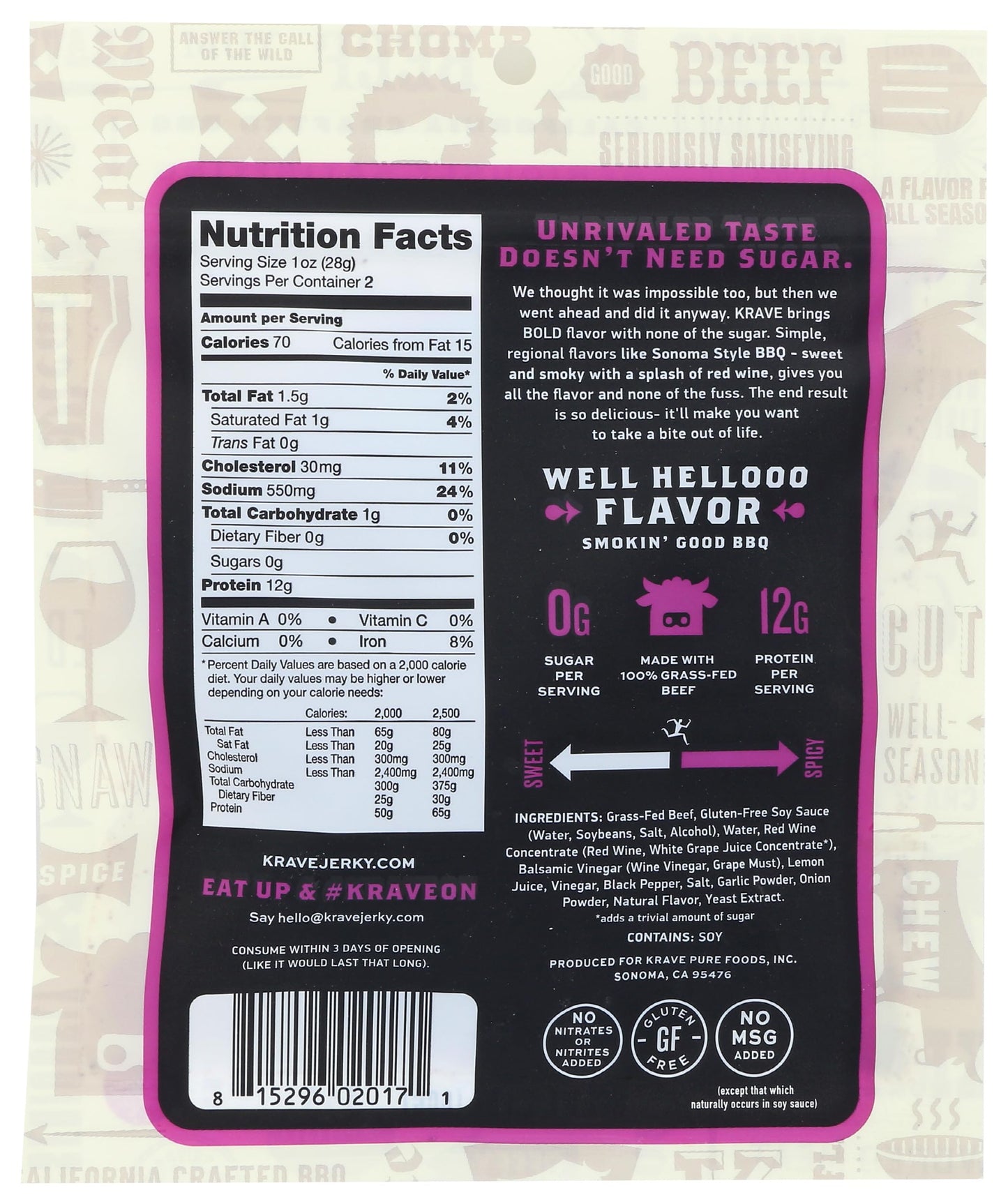 KRAVE Beef Jerky, Zero Sugar, All Natural, 100% Grass Fed, Sonoma Style BBQ, 2.1 Ounce
