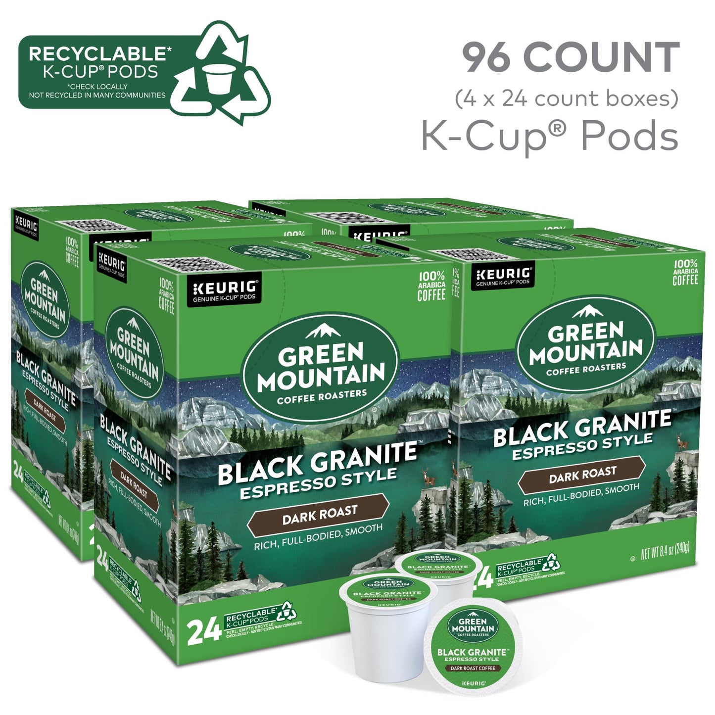 Green Mountain Coffee Roasters Black Granite, Keurig Single Serve K-Cup Pods, Espresso Style Dark Roast, 96 Count