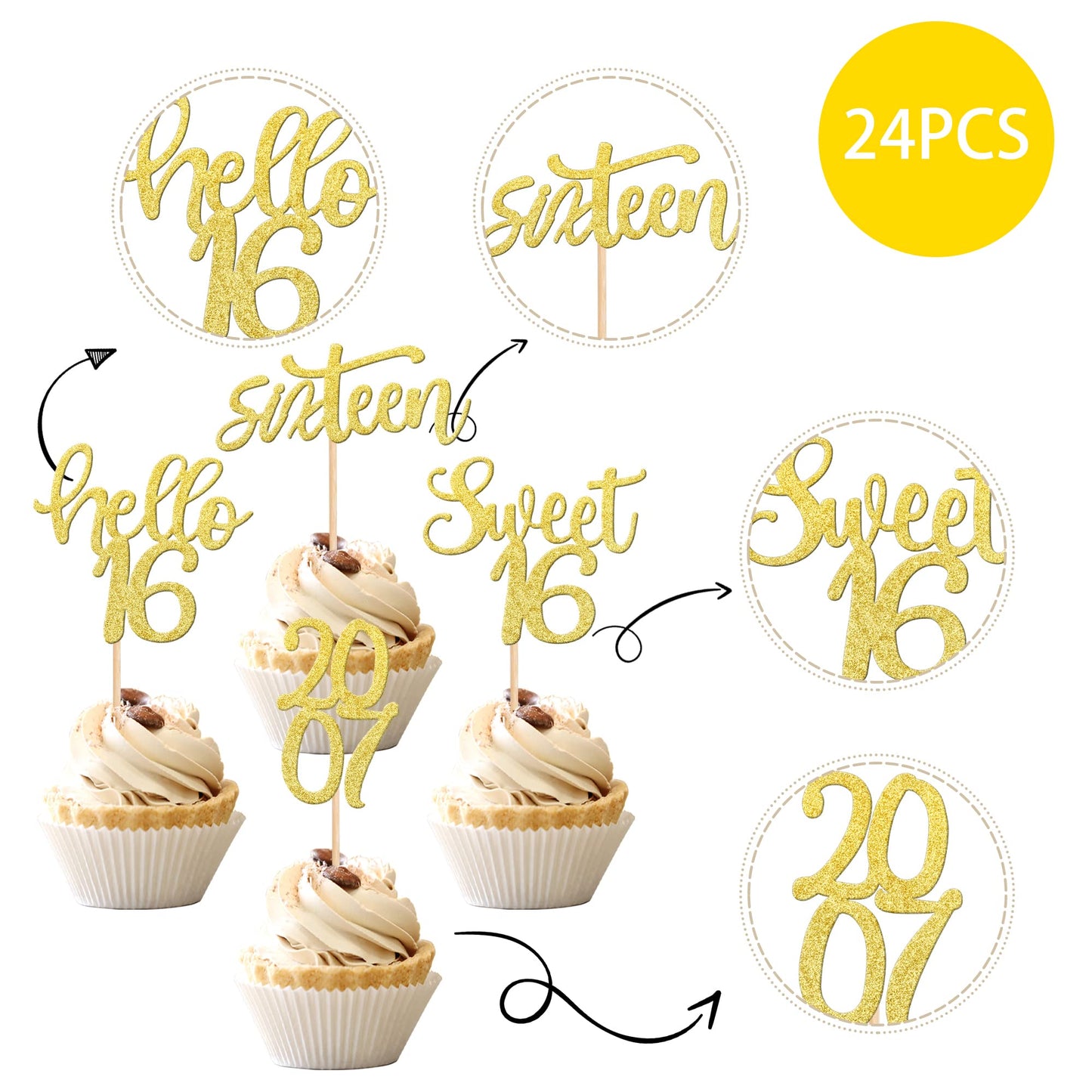 24Pcs Happy 16Th Birthday Cupcake Toppers Glitter Sxiteen Sweet 16 Cupcake Picks Hello 16 Since 2007 Cake Decorations For Celebr