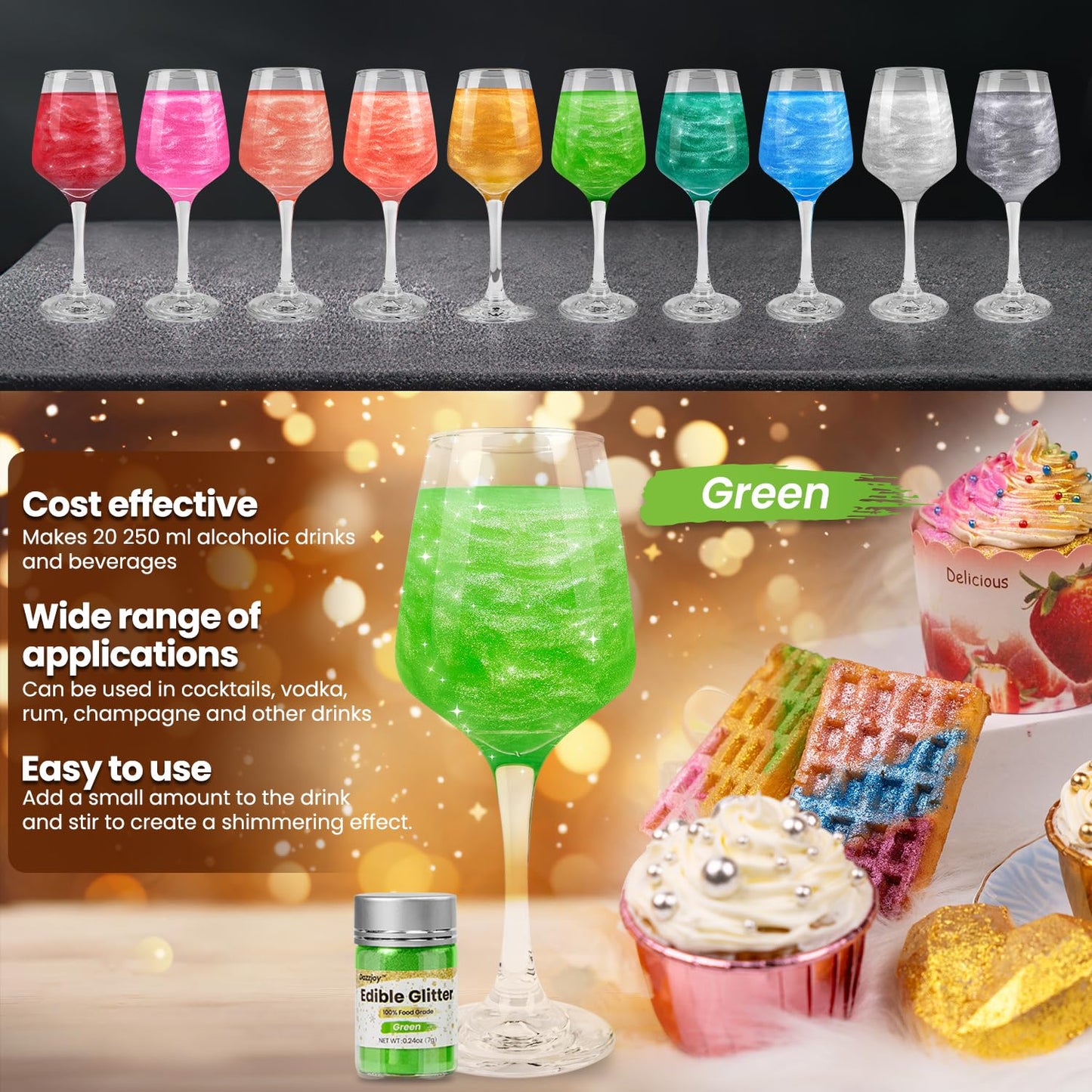 Dazzjoy Edible Glitter for Cocktails - Green Shimmer, Food Grade, 7g