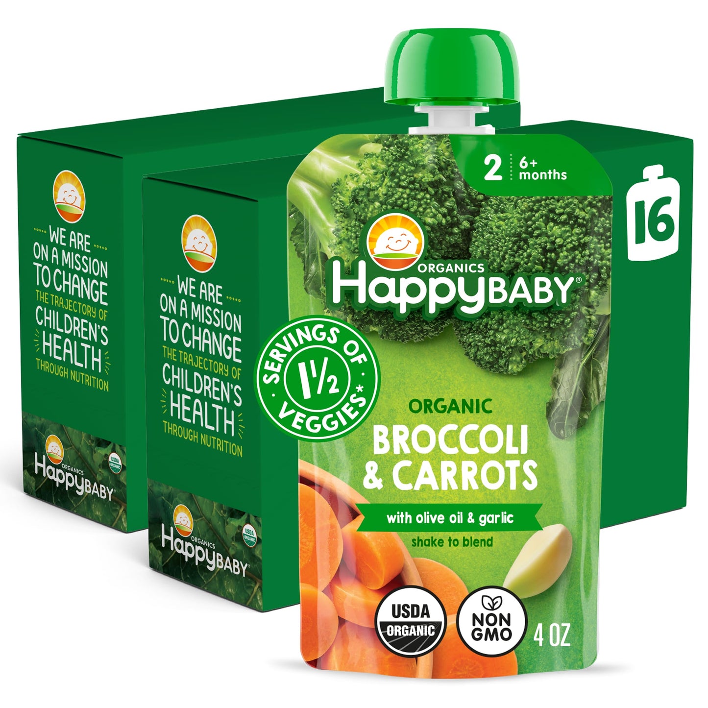 Happy Baby Organics Savory Blends Stage 2 Baby Food, Broccoli & Carrots With Olive Oil + Garlic, 4 Ounce Pouch (Pack Of 16)