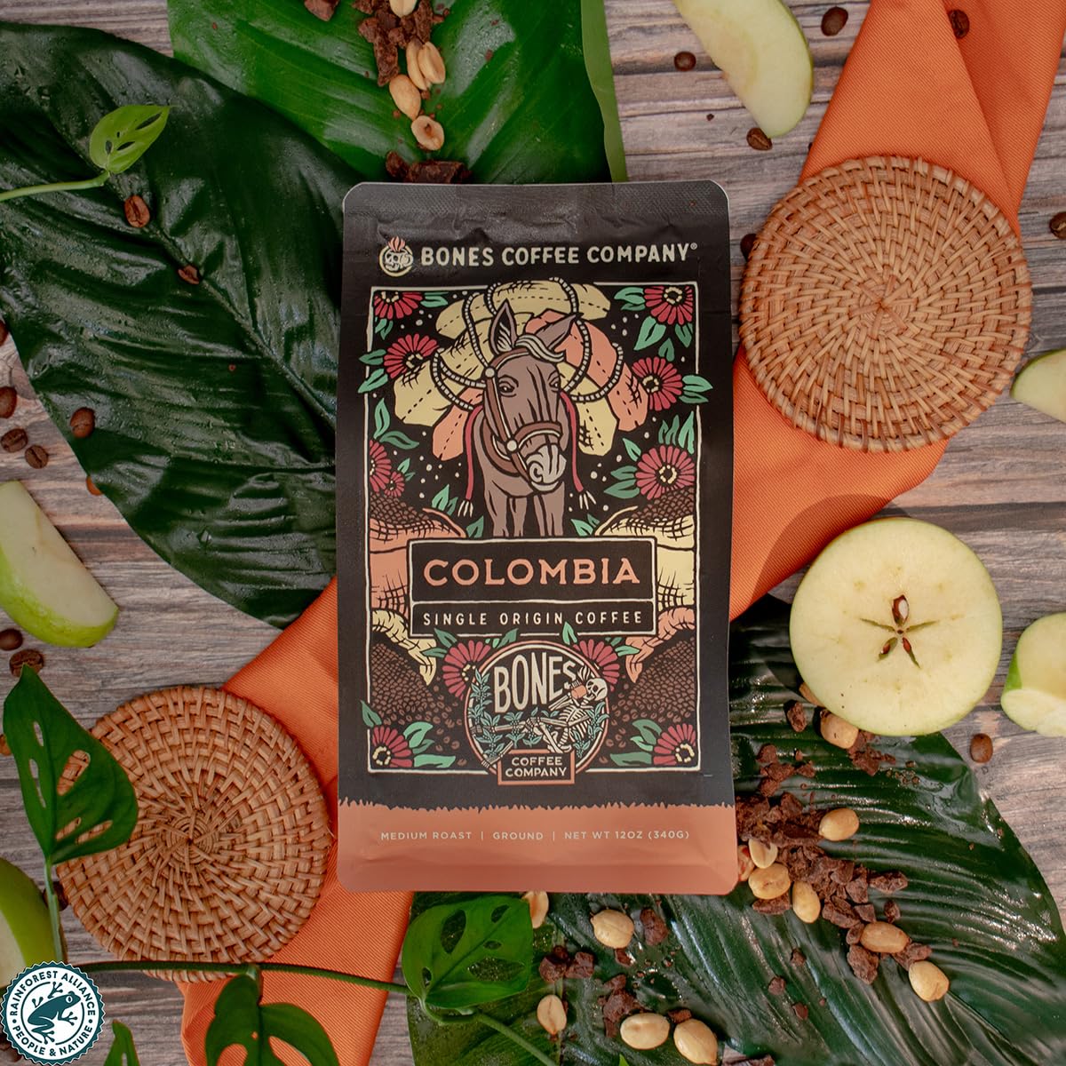 Bones Coffee Company Colombia Single-Origin Coffee, Almonds, Dried Fruit, Vanilla Notes, Flavored Whole Bean Coffee, Medium Roas