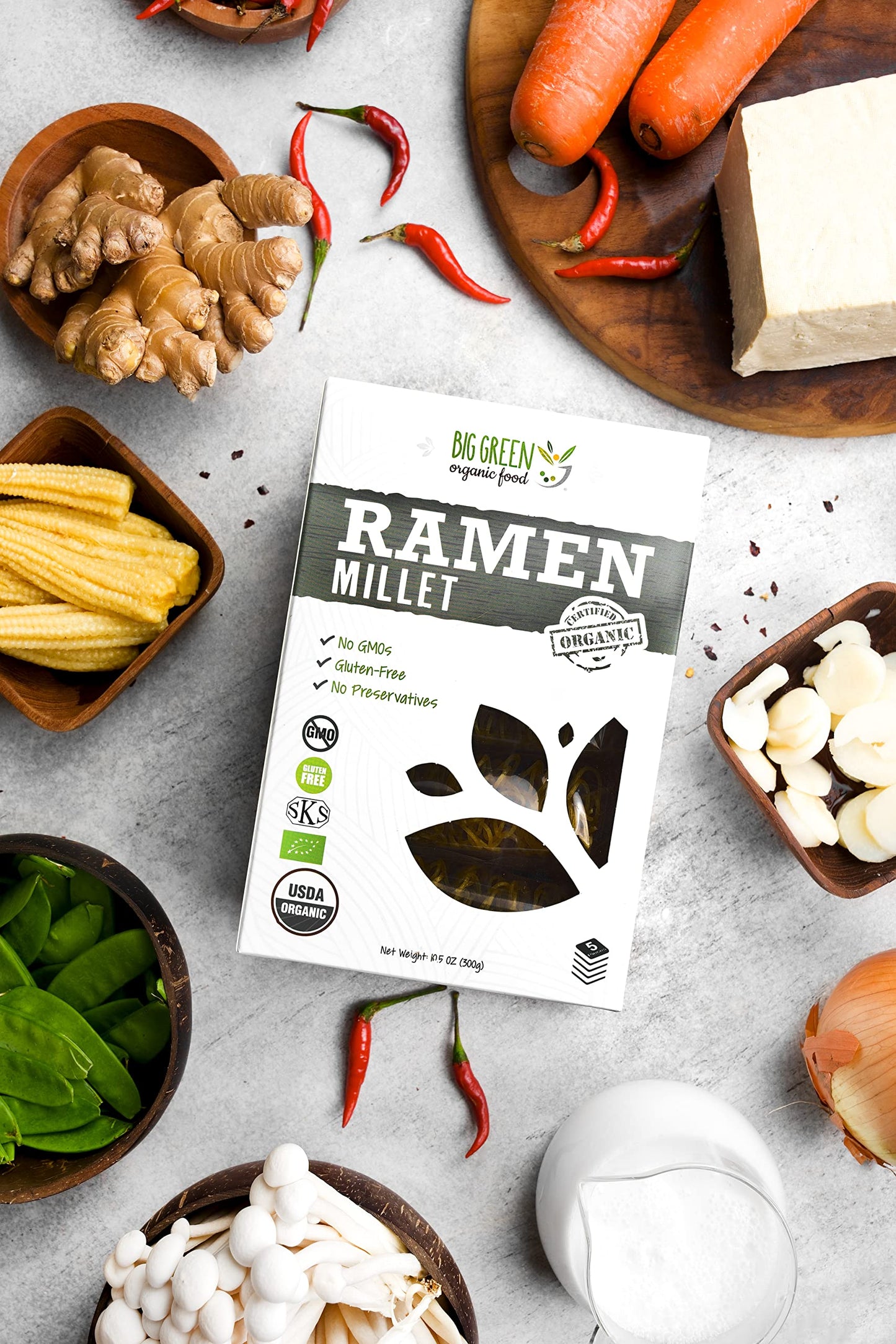 Big Green Organic Food- Organic Millet Ramen, Gluten-Free, Lectin-Free, Non-GMO, Vegan, Wheat and Rice Alternative (2.11 Ounce (