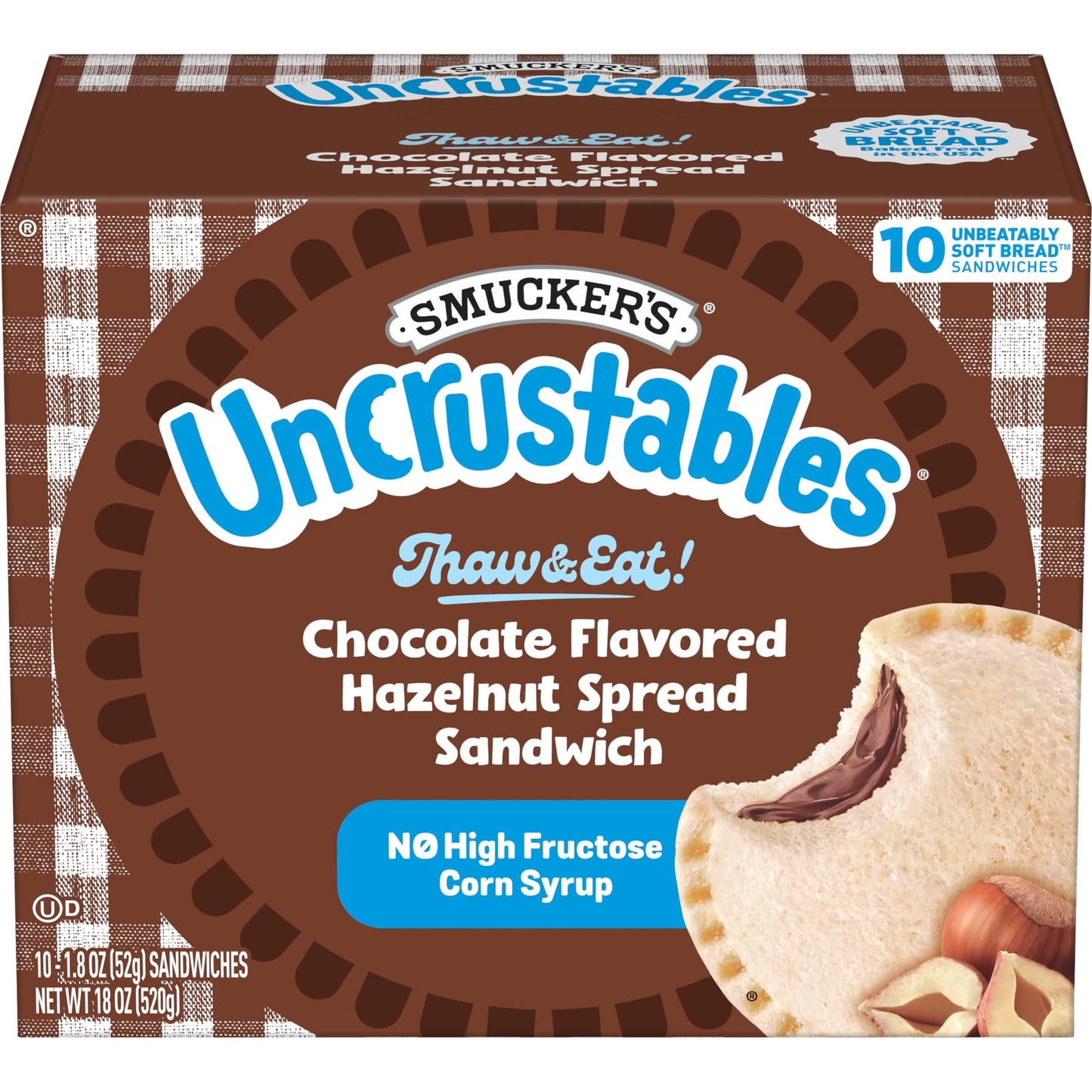 Smuckers Uncrustables Chocolate Flavored Hazelnut Spread Sandwiches, 10 Count, Thaw & Eat