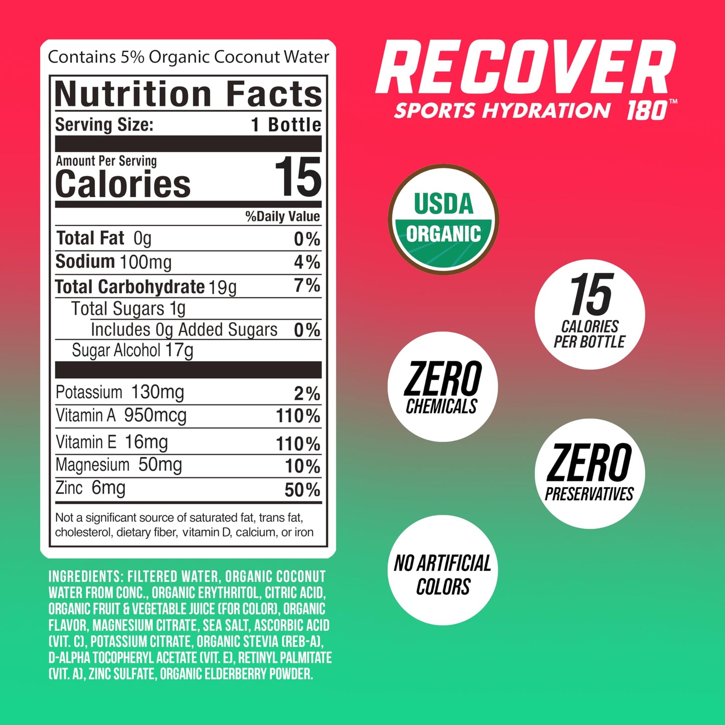 RECOVER 180 Organic Sports Hydration Drink, No Sugar Added, 20 Calorie Sports Beverage, Organic Flavors With Vitamins, Potassium