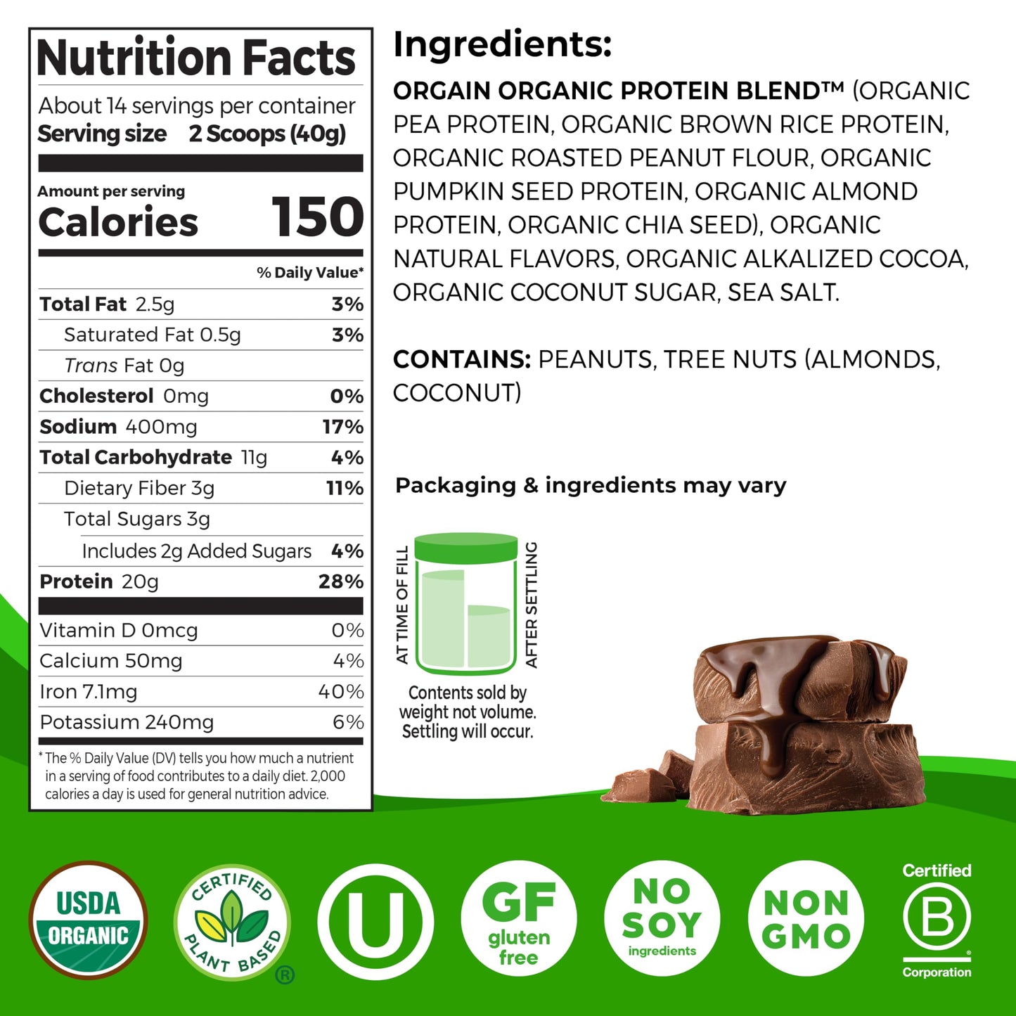 Orgain Simple Organic Vegan Protein Powder chocolate - 20g of Plant Based Protein Made with Fewer Ingredients and Without Dairy