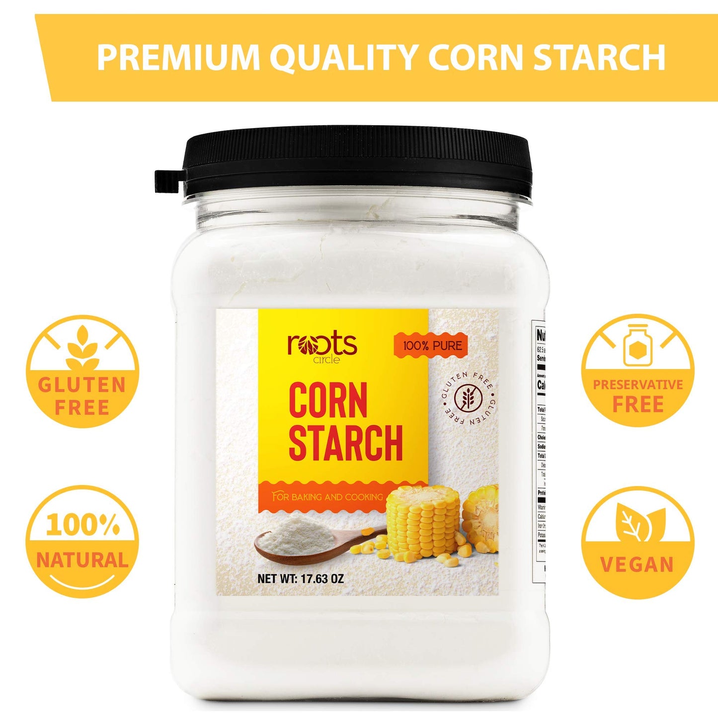 Roots Circle 100% Pure Corn Starch | 2 [17oz] Airtight Containers | All Natural Thickener for Soups  Stews  Gravy  Baking Pies  Puddings & Cakes | Gluten-Free  Non-GMO  Vegan  Kosher  Food-Grade