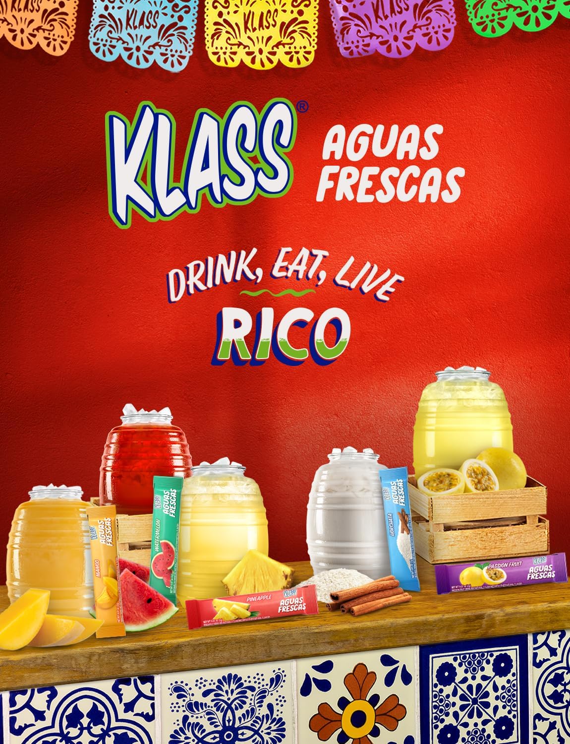 Klass Aguas Frescas Powdered Drink Mix | 44 Sugar Free Powder Packets | Flavors - Mango Watermelon Pineapple & Passionfruit - Wa