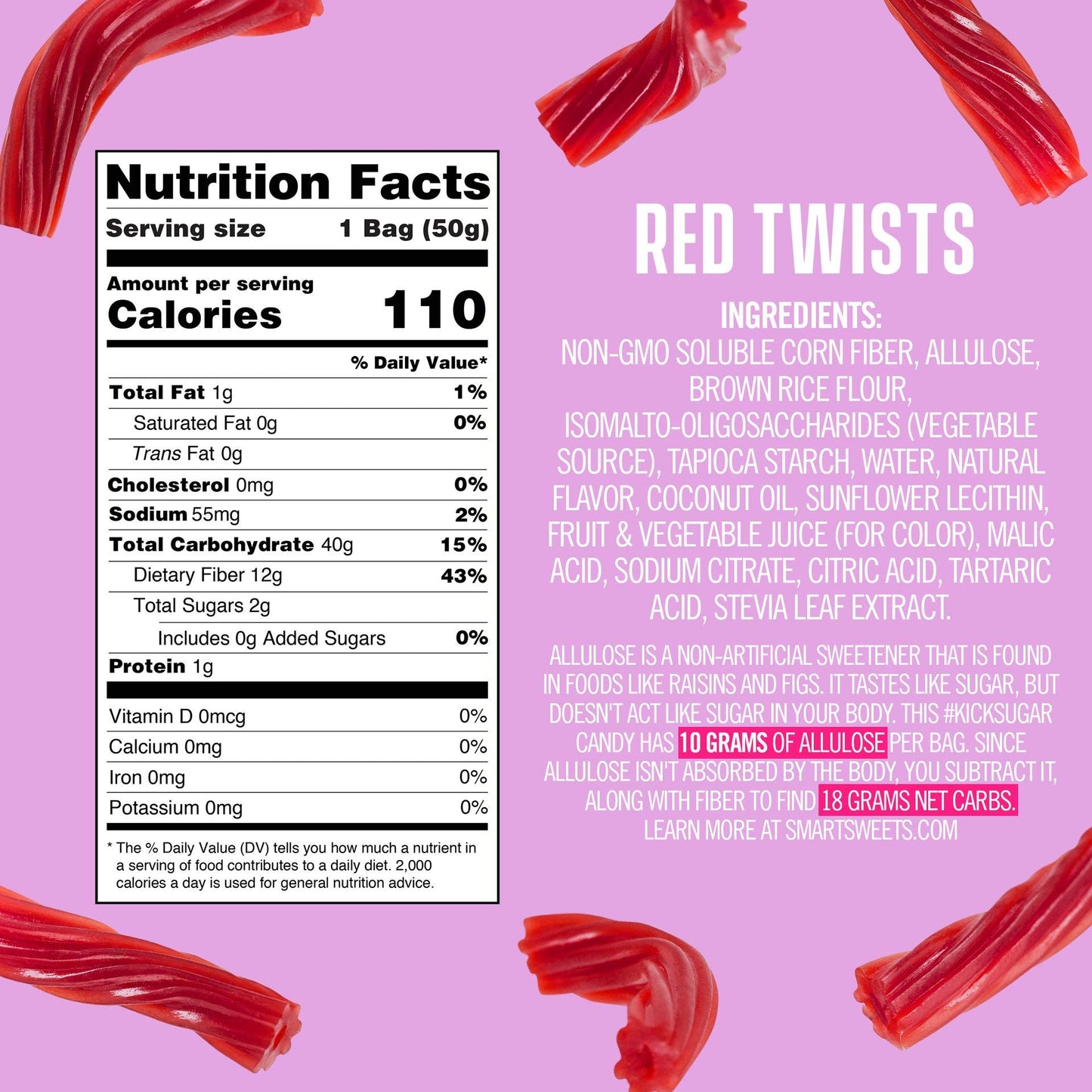 Smart Sweets Red Twists 4 Pack Healthier Version Of Twizlers 92% Less Sugar 12 Grams Of Fiber Plant Based Vegan Keto Friendly On