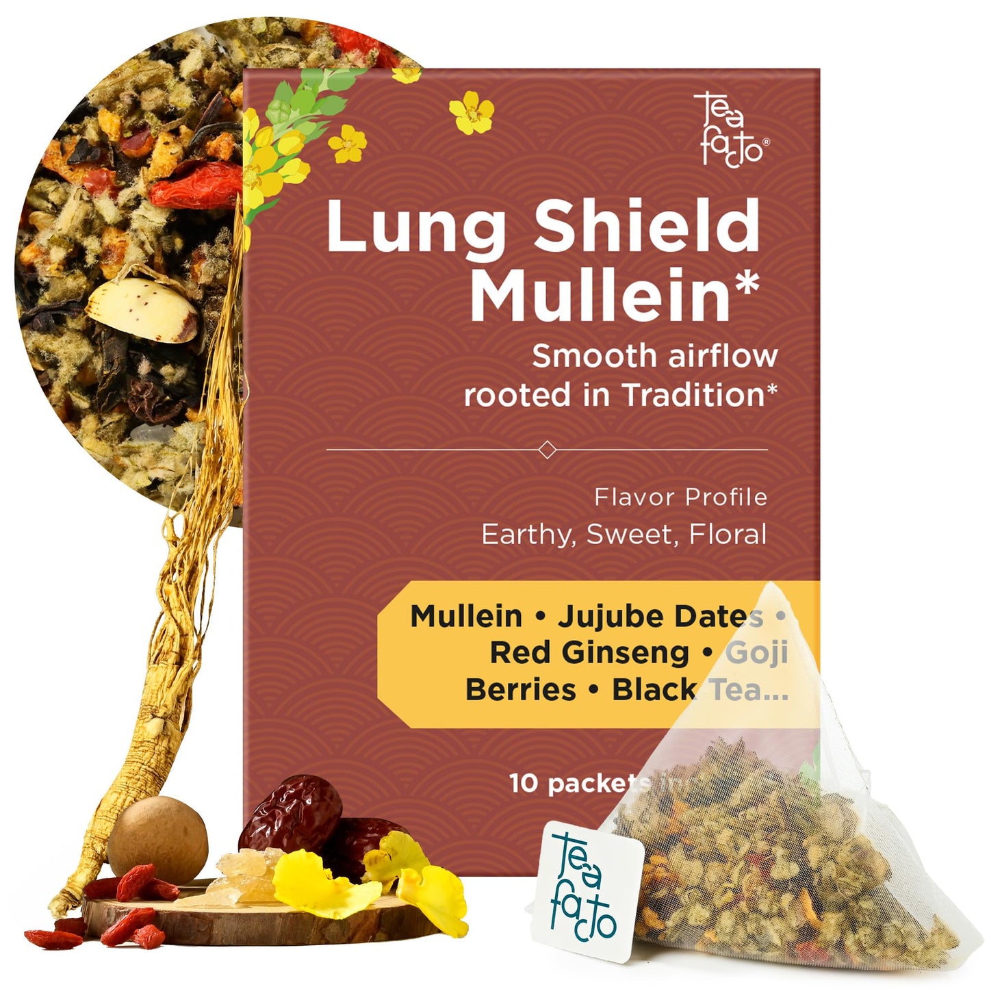 Tea Facto Lung Shield* Mullein Tea Bags - Whole Leaves Mullein Leaf Tea with 8 Herbs - 10 Packs