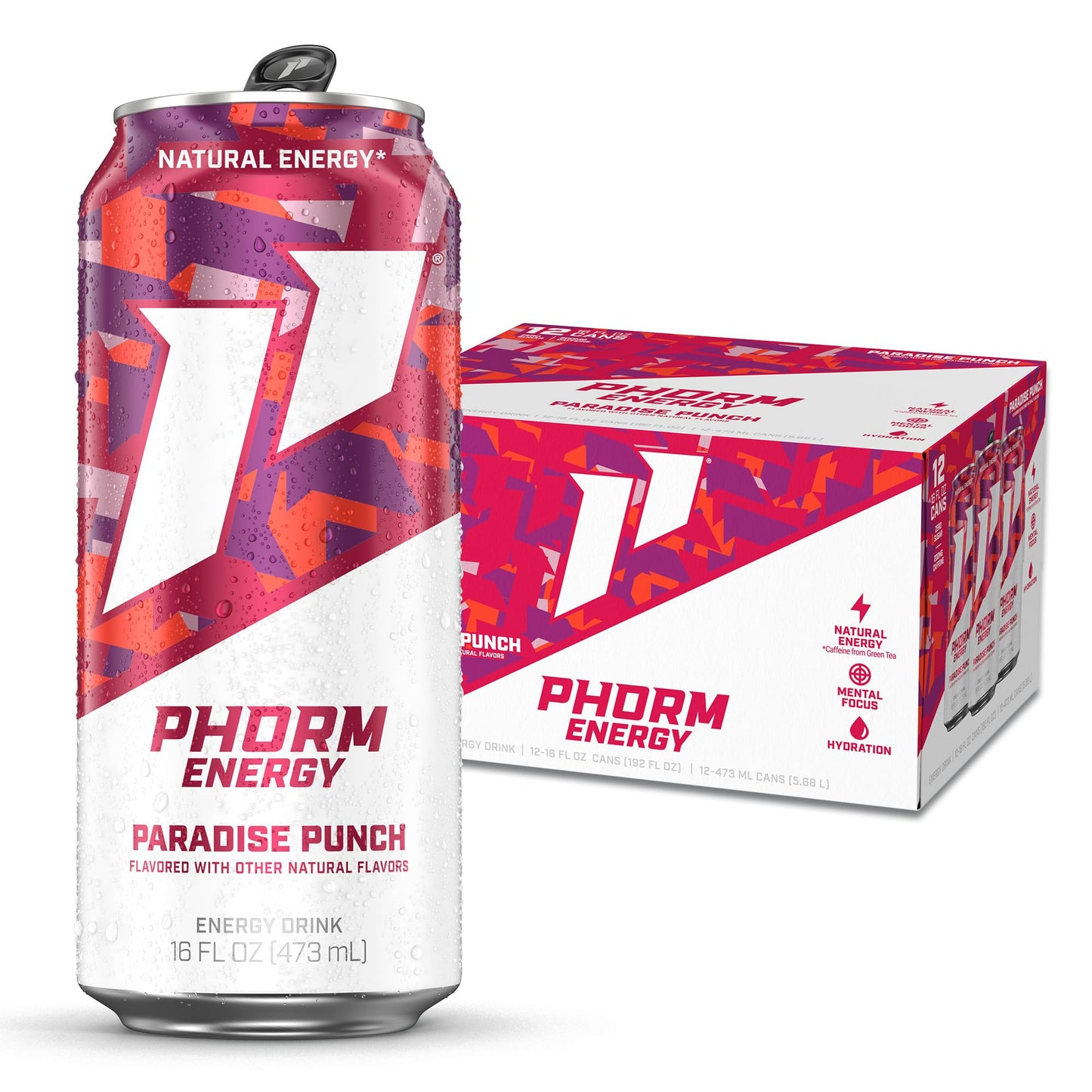 Phorm Energy Drink  Paradise Punch  200 Mg Natural Energy Blend From Green Tea  Sugar Free Carbonated Drink With Electrolytes & Vitamin B12  Dairy & Gluten Free  Vegan  16 Fl Oz Cans  12 Pack