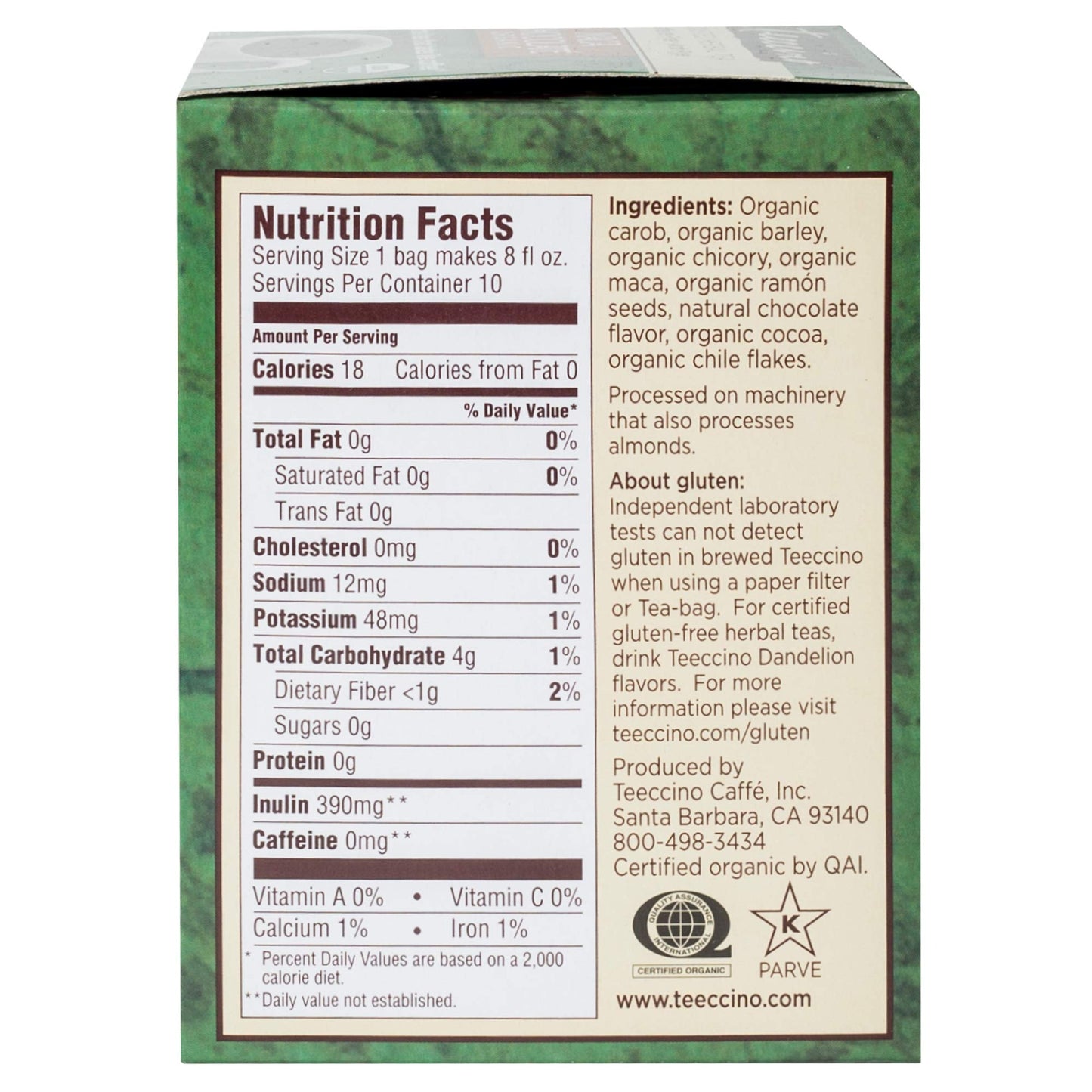 Teeccino Chocolate Herbal Tea Bags, Caffeine Free, 10 Count (Pack of 6), Model 40130