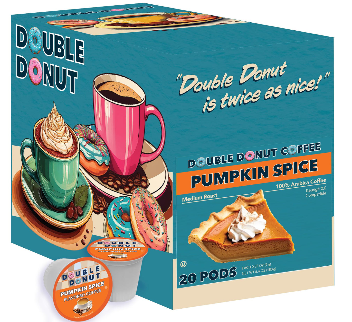 Double Donut Coffee Pumpkin Spice Medium Roast Coffee Pods, 20 Count, Compatible with Keurig K Cups