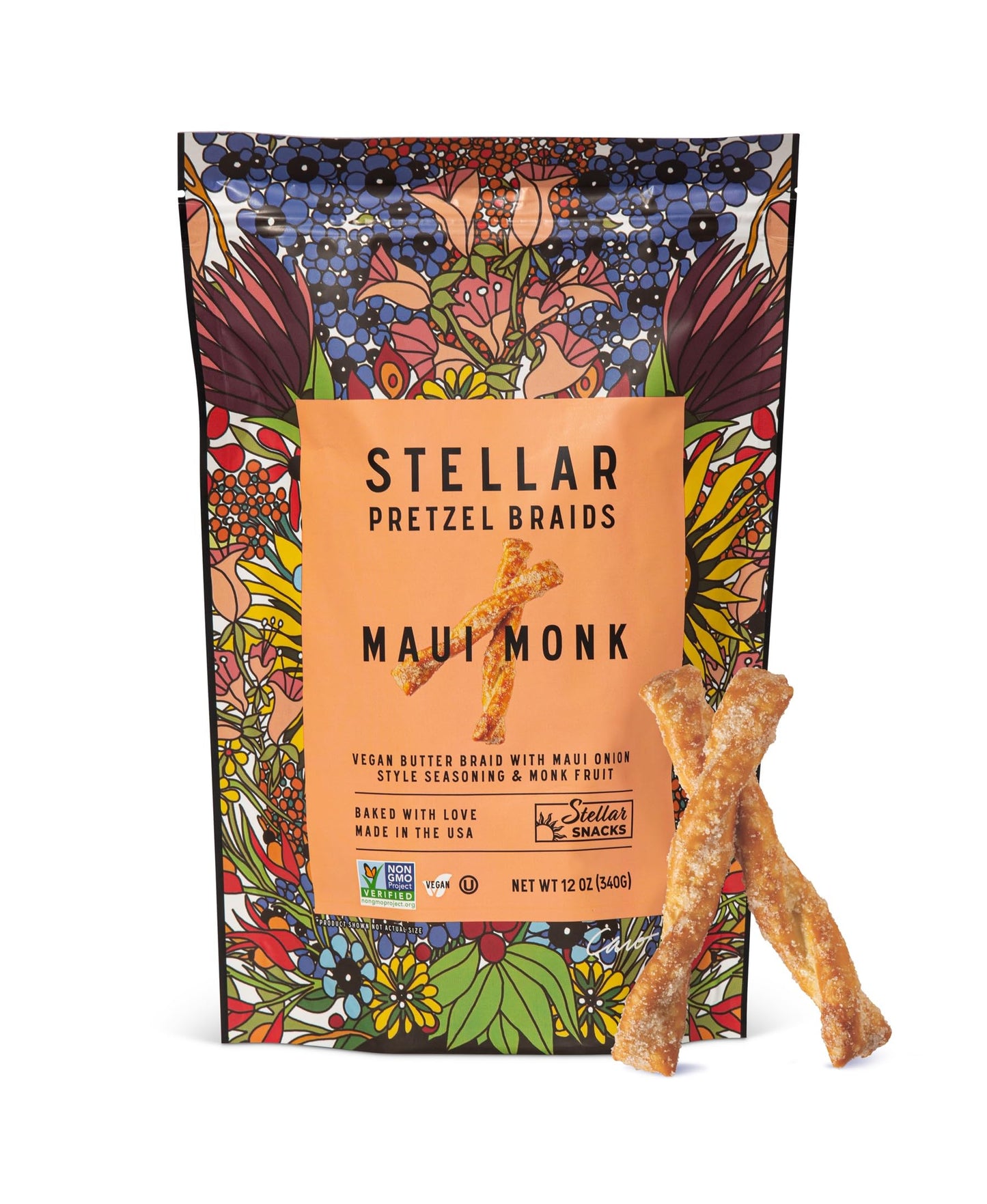 Stellar Snacks Pretzel Braids, Maui Monk, 12 OZ Large Bag - Vegan, Kosher, Non-GMO Rods, Twists, Sticks