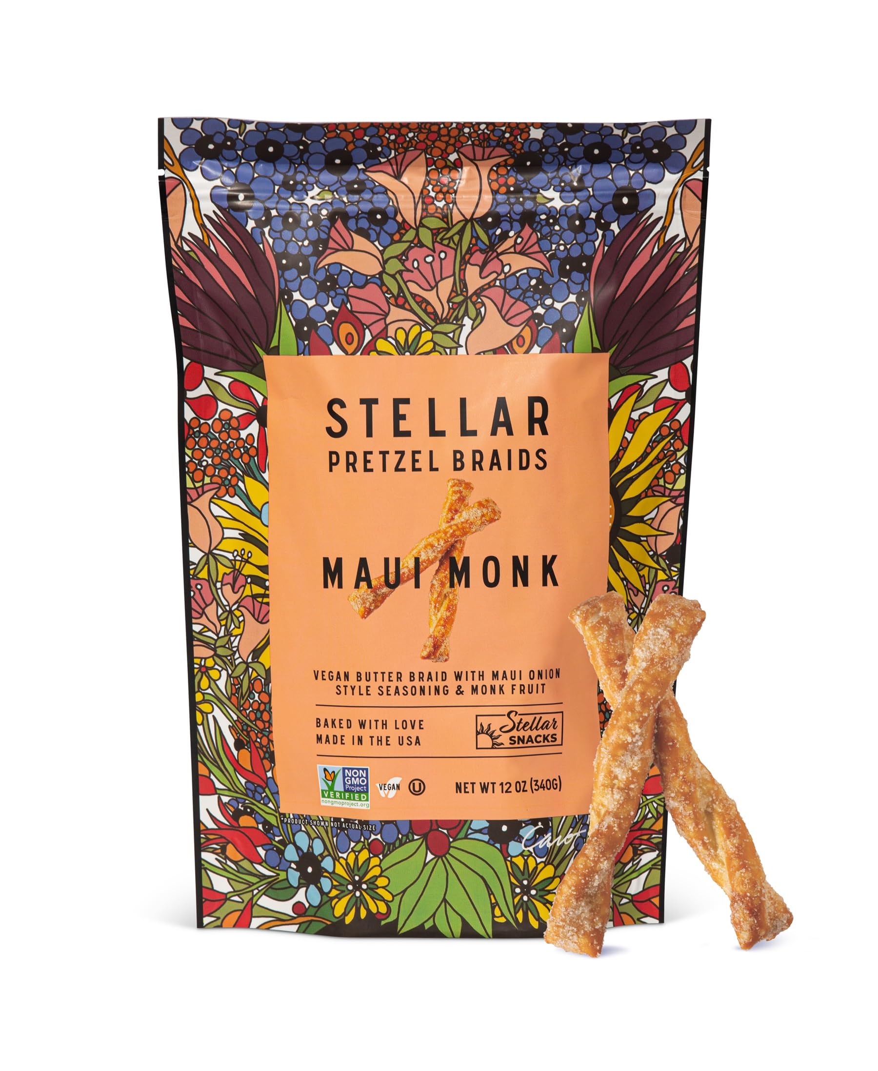 Stellar Snacks Pretzel Braids, Maui Monk, 12 OZ Large Bag - Vegan, Kosher, Non-GMO Rods, Twists, Sticks