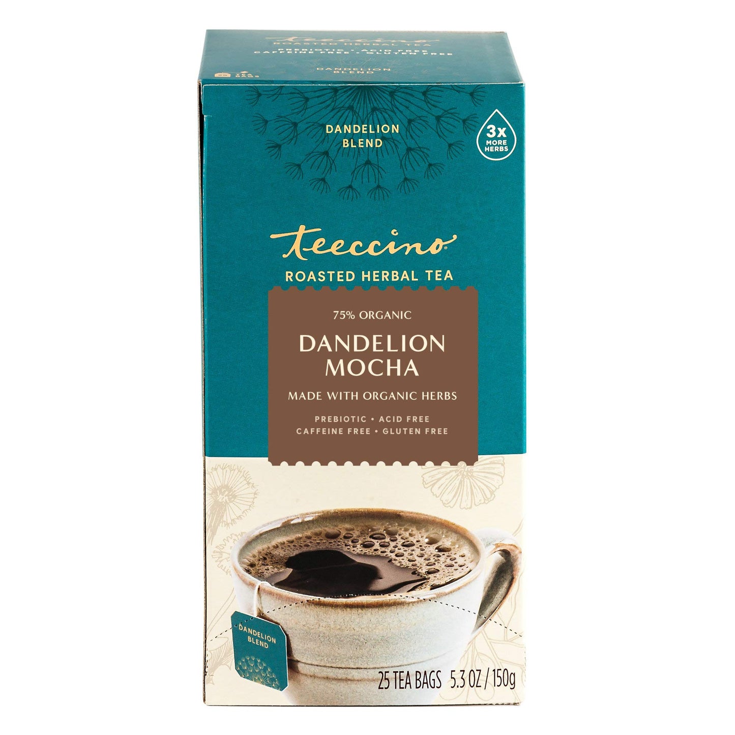 Teeccino Dandelion Mocha Herbal Tea - Caffeine Free, Prebiotic - 25 Count