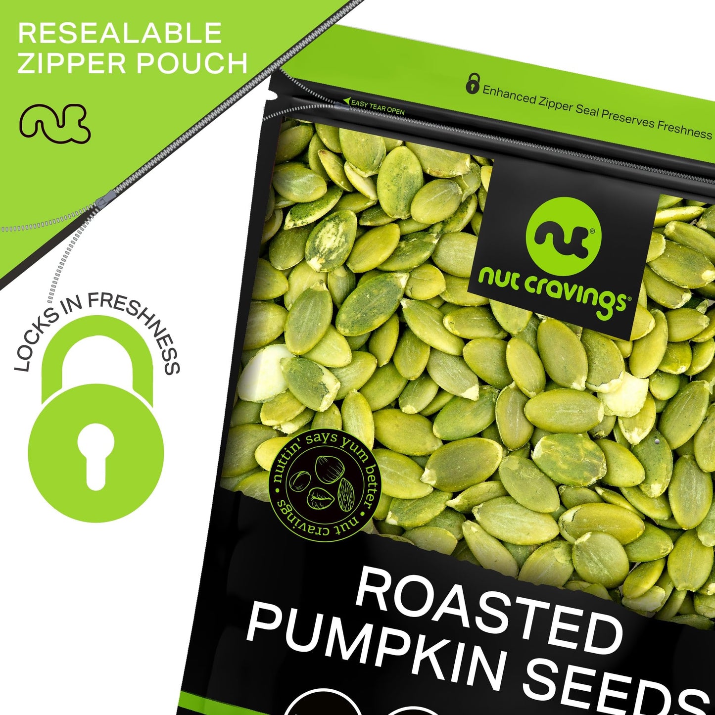 NUT CRAVINGS - Roasted & Unsalted Pumpkin Seeds, Pepitas, No Shell (16oz - 1 LB) Packed Fresh in Resealable Bag - Nut Snack - Fo
