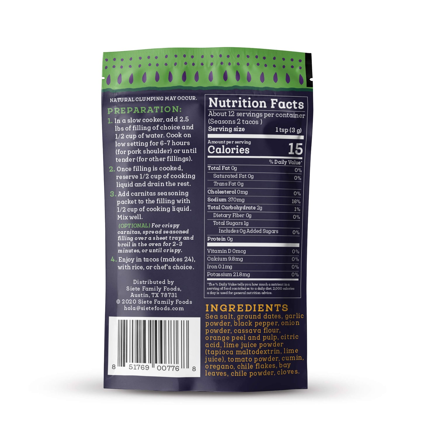 Siete Carnitas Taco Seasoning Mix | Gluten Free | Vegan | Paleo | Preservative Free (6 Packets) 42 Servings