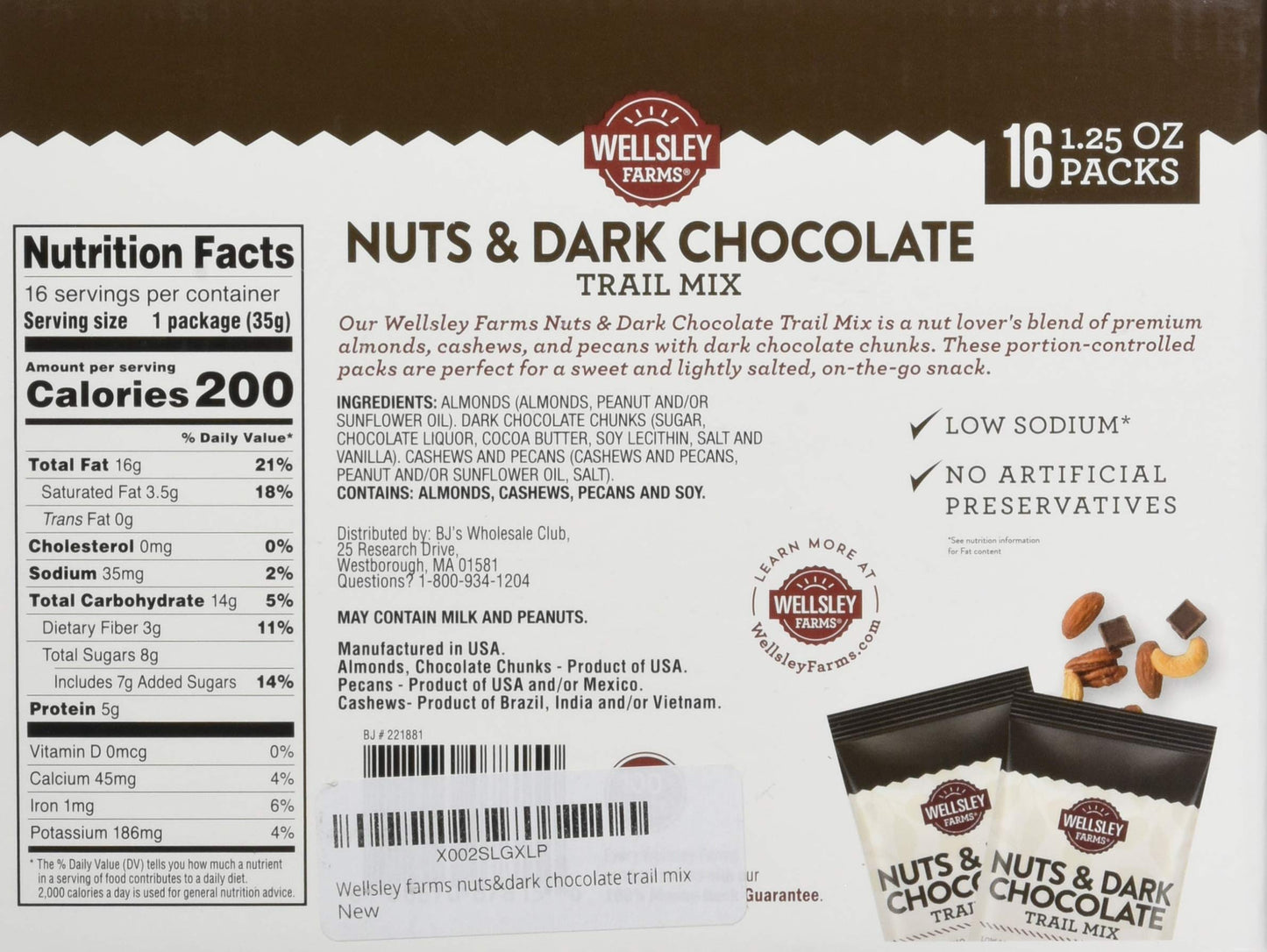 Wellsley Farms Nut & Dark Chocolate Trail Mix 16Count 1.25 Oz Net Wt 20 Oz