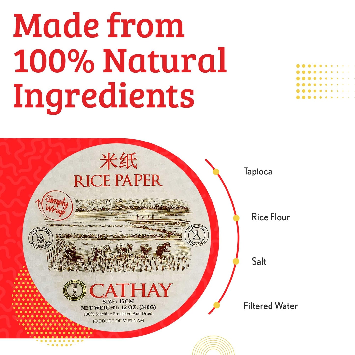 Cathay Fresh Spring Roll Rice Paper Wrappers, Non-GMO, Gluten-Free, 25 Sheets, 25cm, Round, for Veggie Wraps