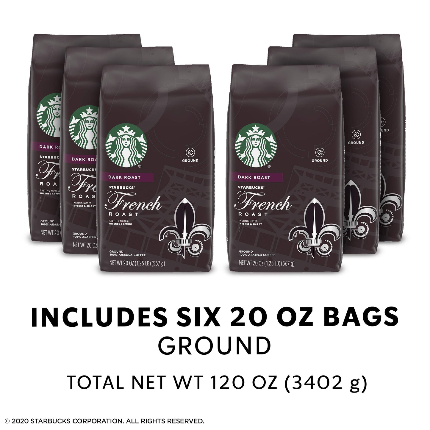 Starbucks Dark Roast Ground Coffee - French Roast - 6 Bags (20 oz each) - 100% Arabica