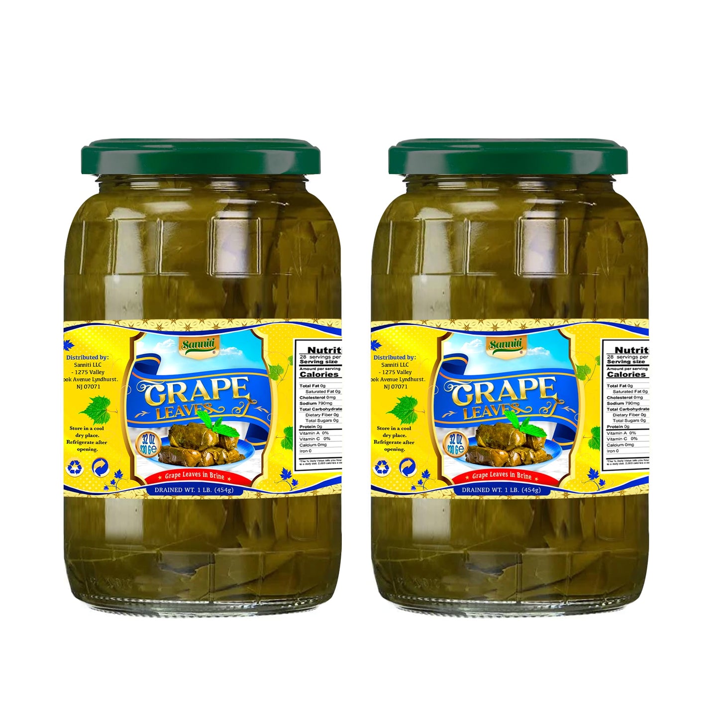 Sanniti Grape Leaves in Brine | Net Weight 32 oz | Drained Weight 1 lbs (pack of 2)