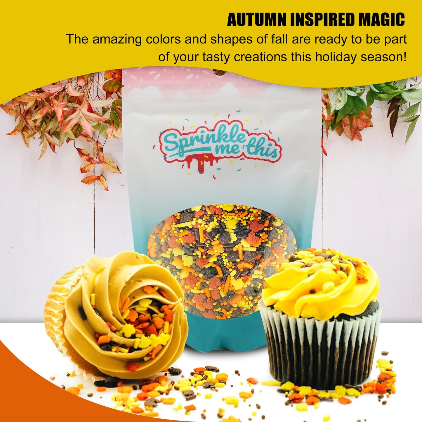 Sprinkle Me This Autumn Foliage Fun Assorted Fall Sprinkles 12 Oz - Edible Cake and Cookie Confetti in Yellow and Orange