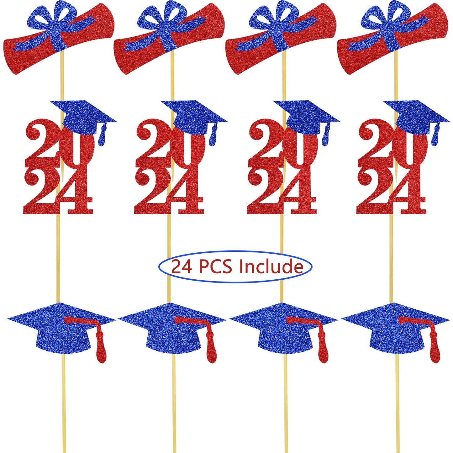 Graduation Cupcake Toppers Grad Party Decoration Food Picks Congrats Glitter Diploma Cap School Colors Supplies 24 Pcs Red Blue