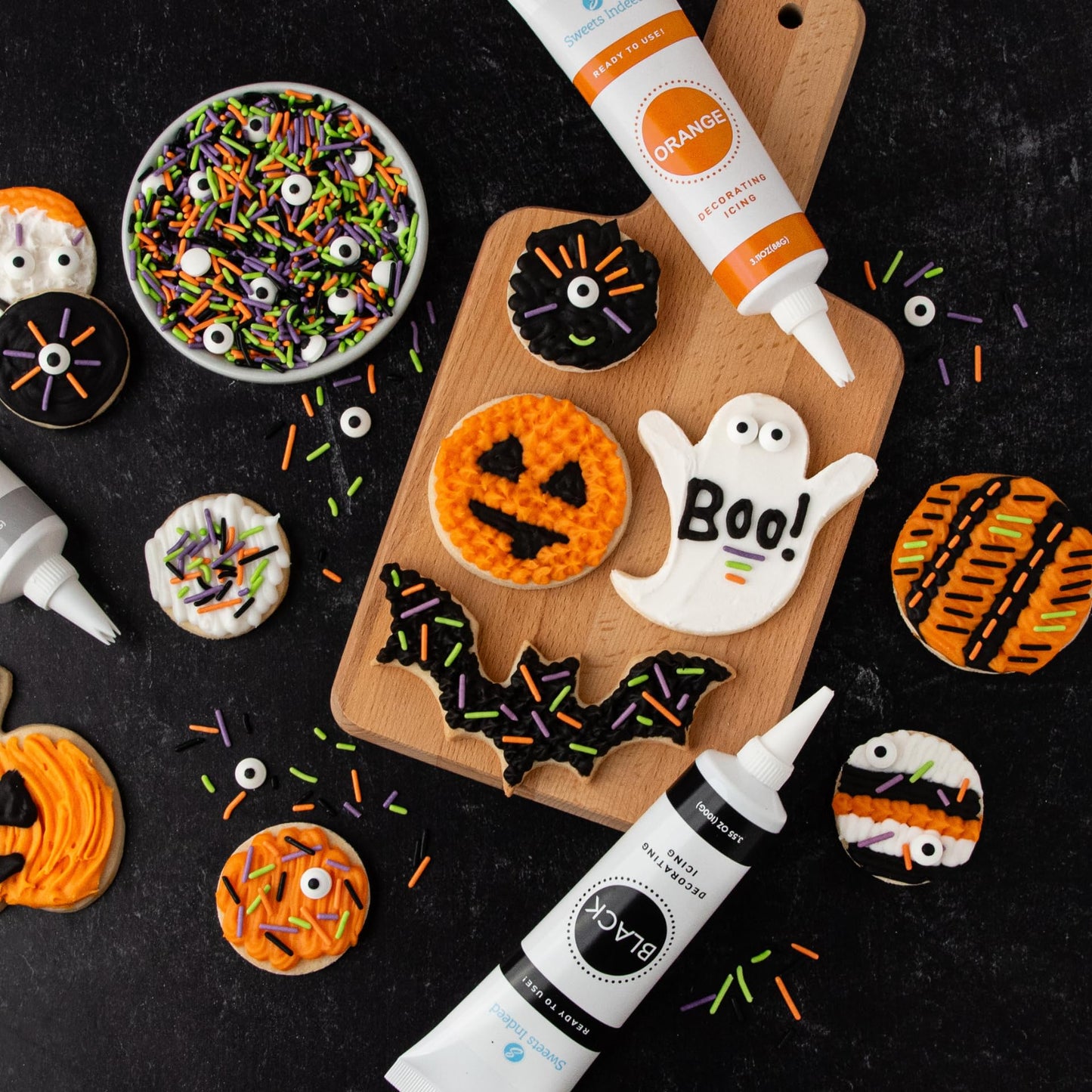 Halloween Frosting Kit with Sprinkles & Eyeballs - 11.31 oz Decorating Set with 3 Frosting Tubes (Orange, Black, White), 4 Nozzl