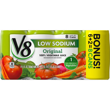 V8 Original Low Sodium 100% Vegetable Juice, 5.5 oz. Can, 8 Count