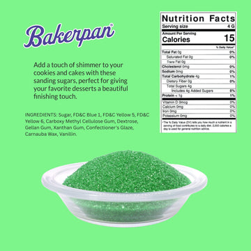 Bakerpan Green Sanding Sugar For Baking & Cookie Decorating - 5 Ounce Edible Green Sugar Sprinkles For Cookies, Cakes, Cocktails